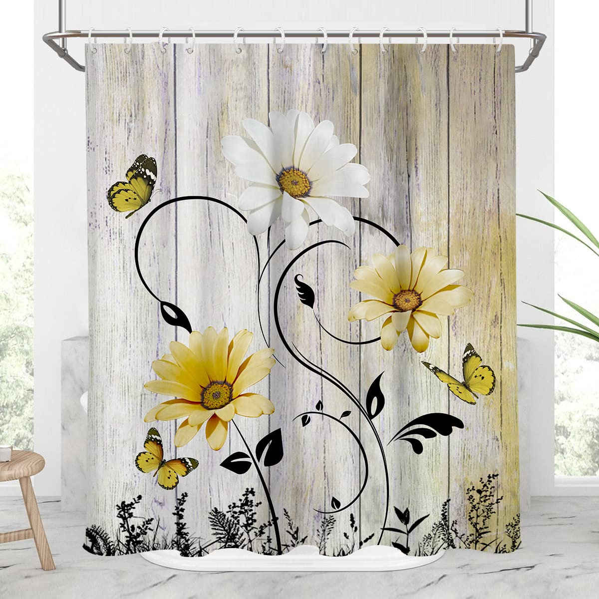 Aatter Yellow Flowers Shower Curtain Rustic Floral White Daisy Black Leaves Boho Butterfly Sunflower Vintage Gray Grey Bright Wi
