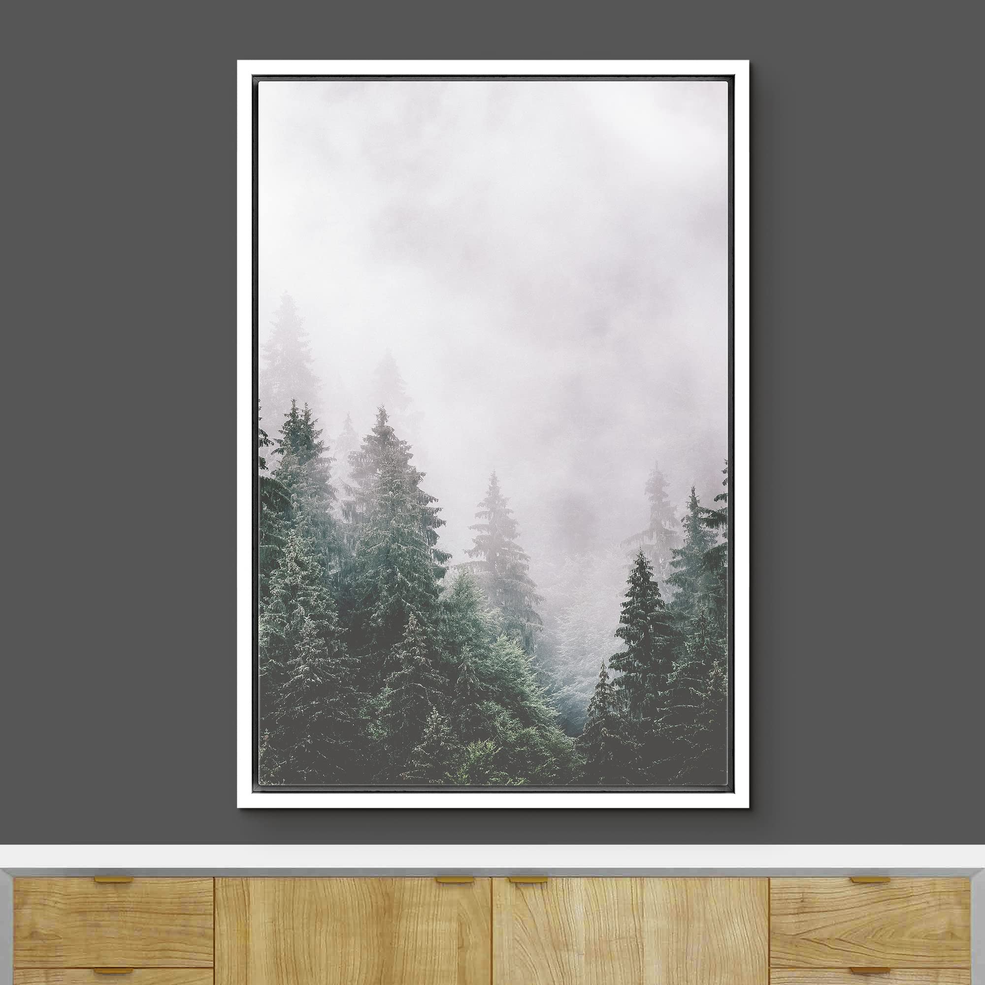 Ashbrook Framed Canvas Print Wall Art Washed Out Mist Over Forest Pine Trees Nature Wilderness Photography Modern Rustic Scenic