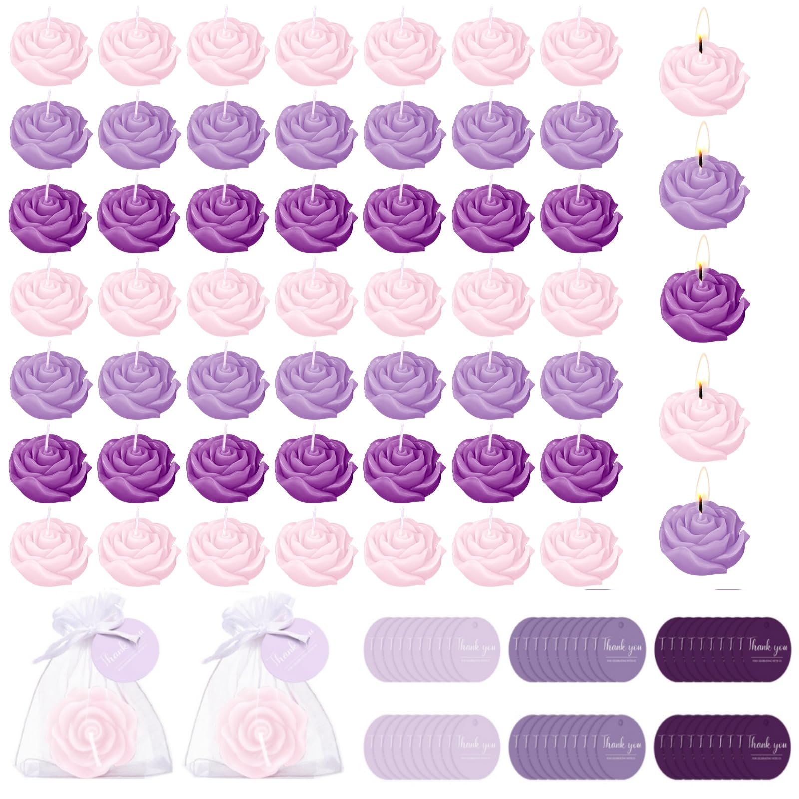 Treela 50 Set Flower Candles Wedding Favor for Guests Mini Purple Rose Shaped Tealight Candles for Return Gift Wedding Birthday 