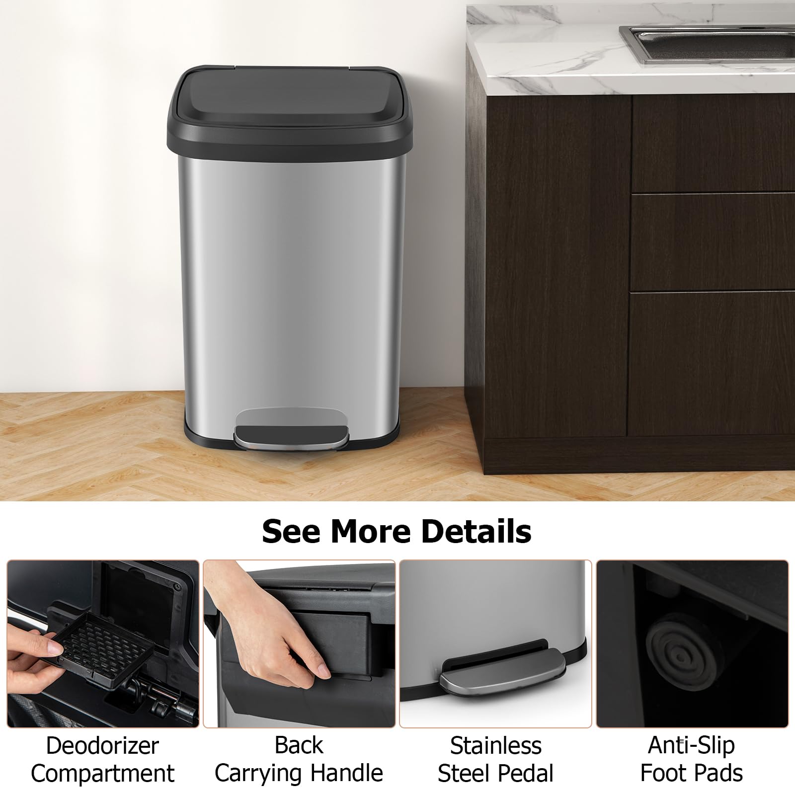 Tangzon 50L Recycling Pedal Bin, Stainless Steel Kitchen Bin With Removable Bucket, Soft Close Lid, Handle & Non-Slip Base, Fing