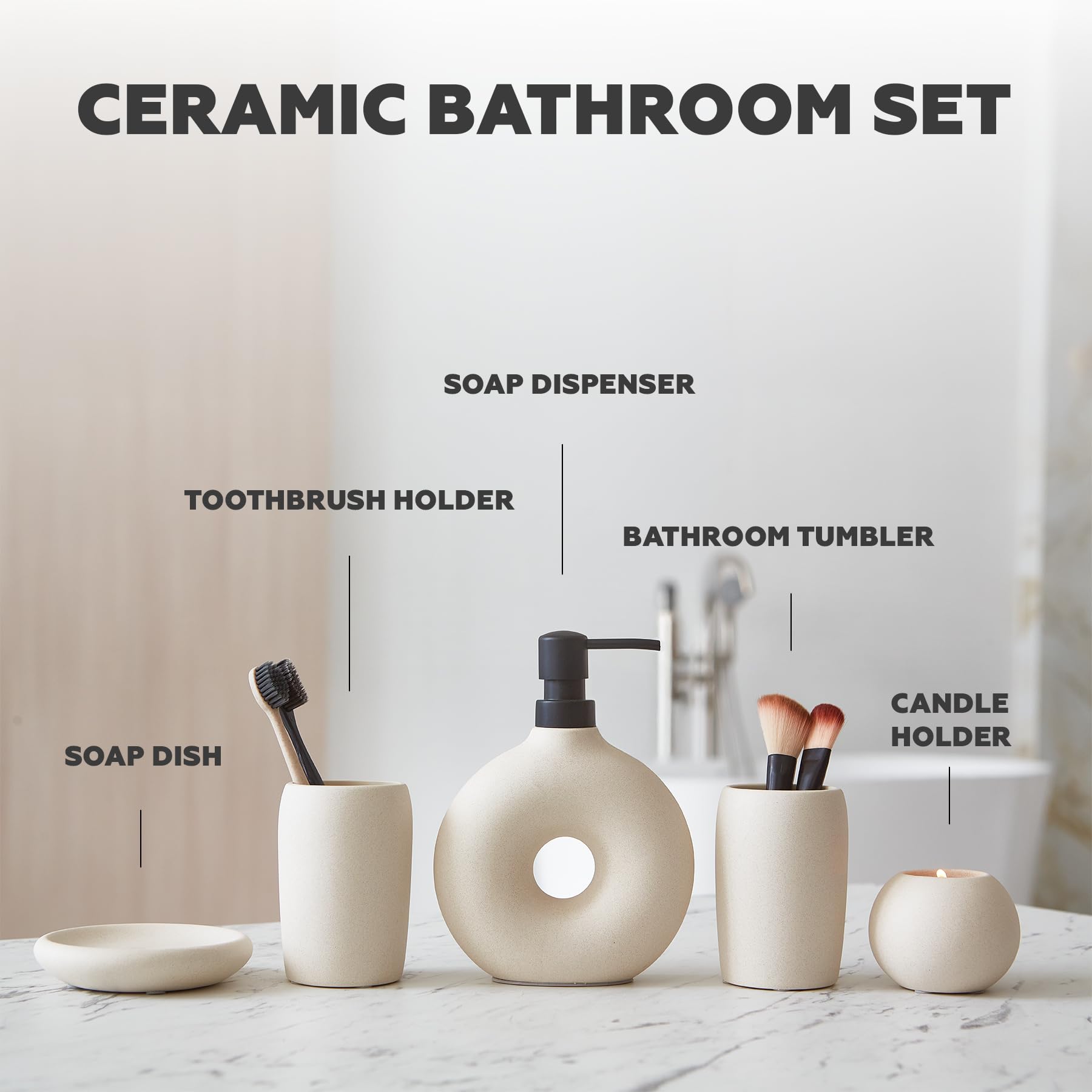 Terramoza Ceramic Bathroom Accessory Set, 5 Pcs - Includes Soap Dispenser, Toothbrush Cup, Toothbrush Holder, Soap Dish & Candle