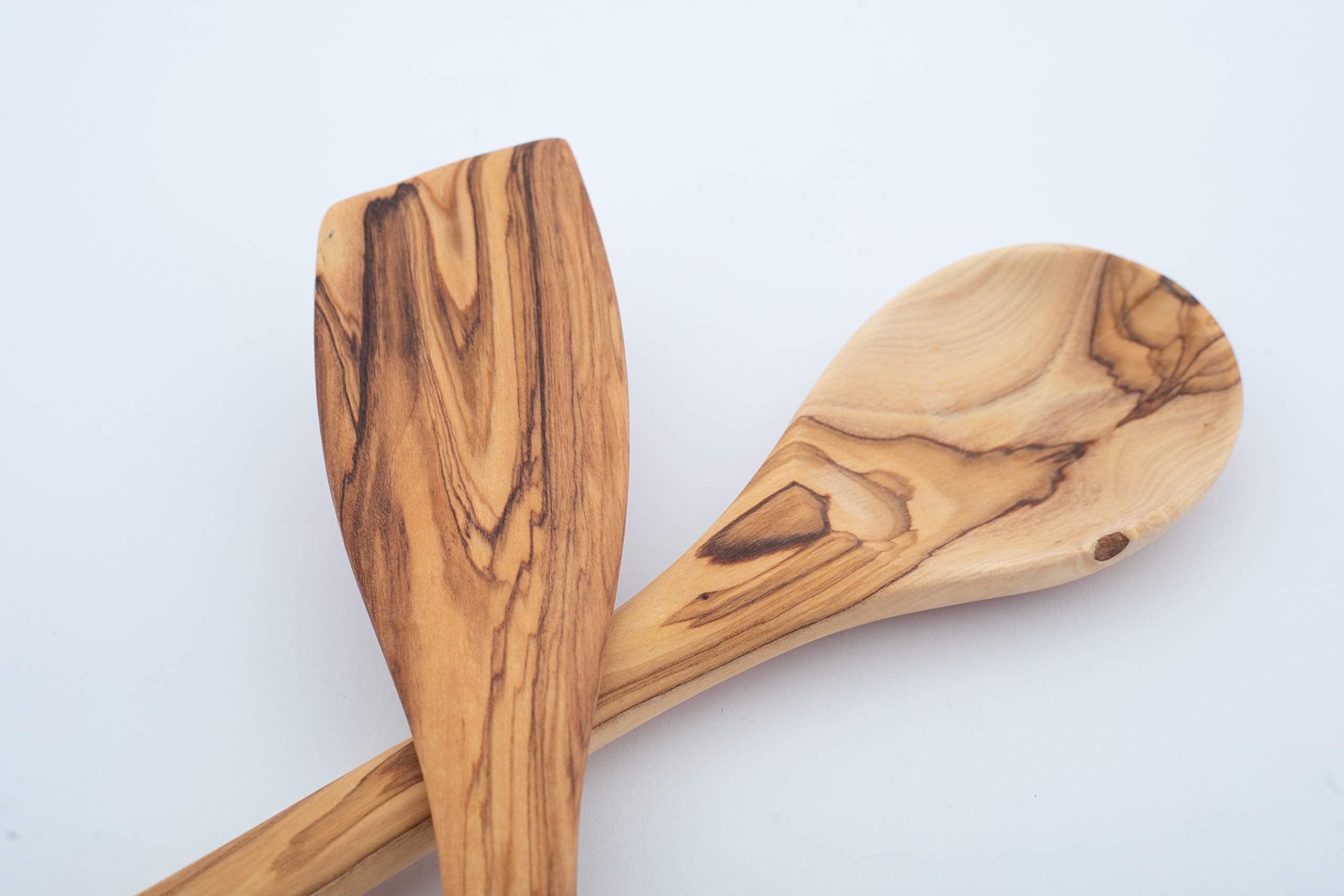 Handcrafted Olive Wood Cooking Spoon & Spatula (10 Inch Set Of 2 Pieces) Carved By Talented Artists In Bethlehem, Practical Wood