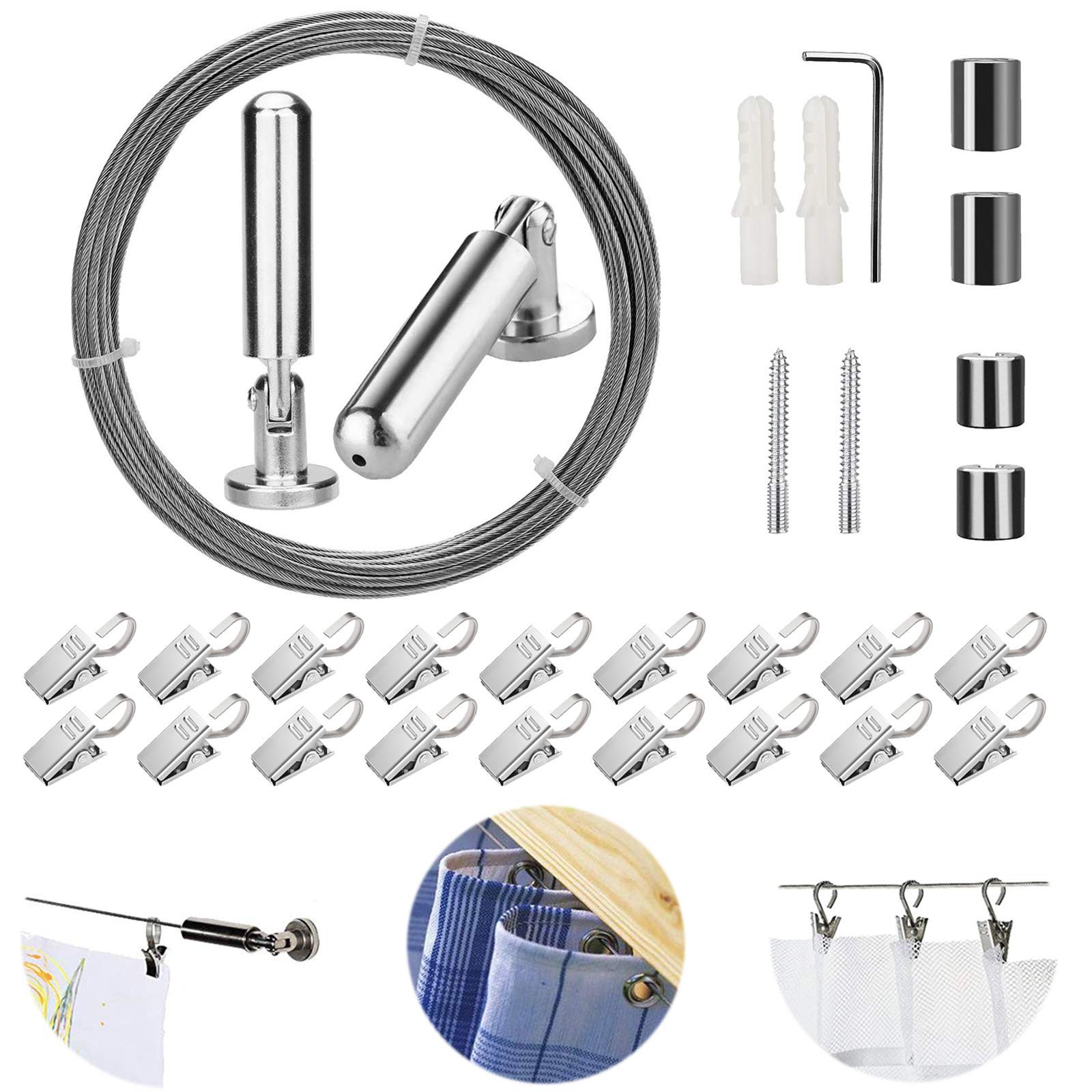 [5 Meters] Wall Mount Curtain Wire Rod Set with (20 Hanging Clips) - Pinowu Stainless Steel Picture Hanging Wire Clothesline Wir