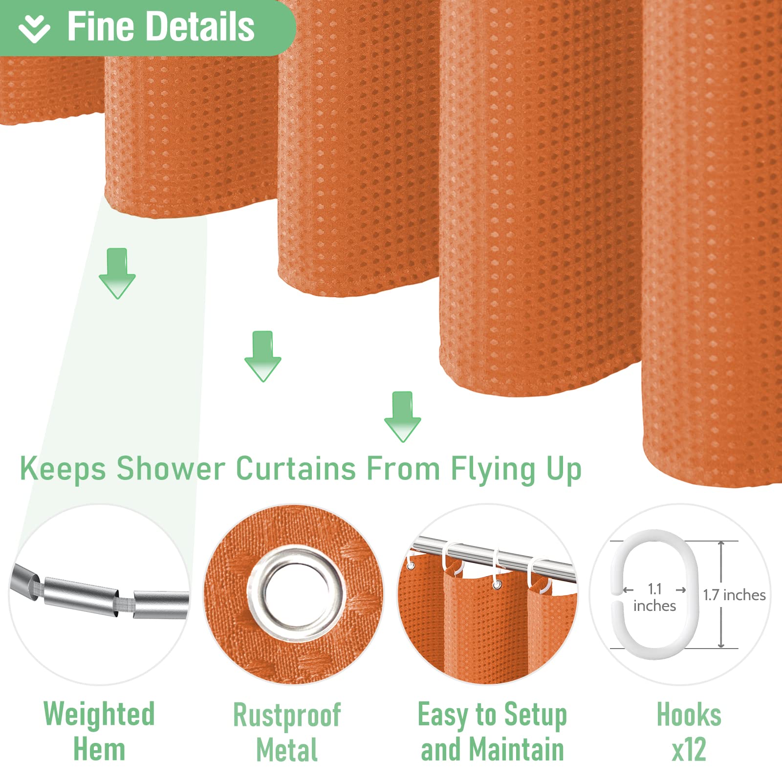 Dynamene Burnt Orange Fabric Shower Curtain - Waffle Weave Textured Heavy Duty Cloth Shower Curtains For Bathroom, 256Gsm Hotel