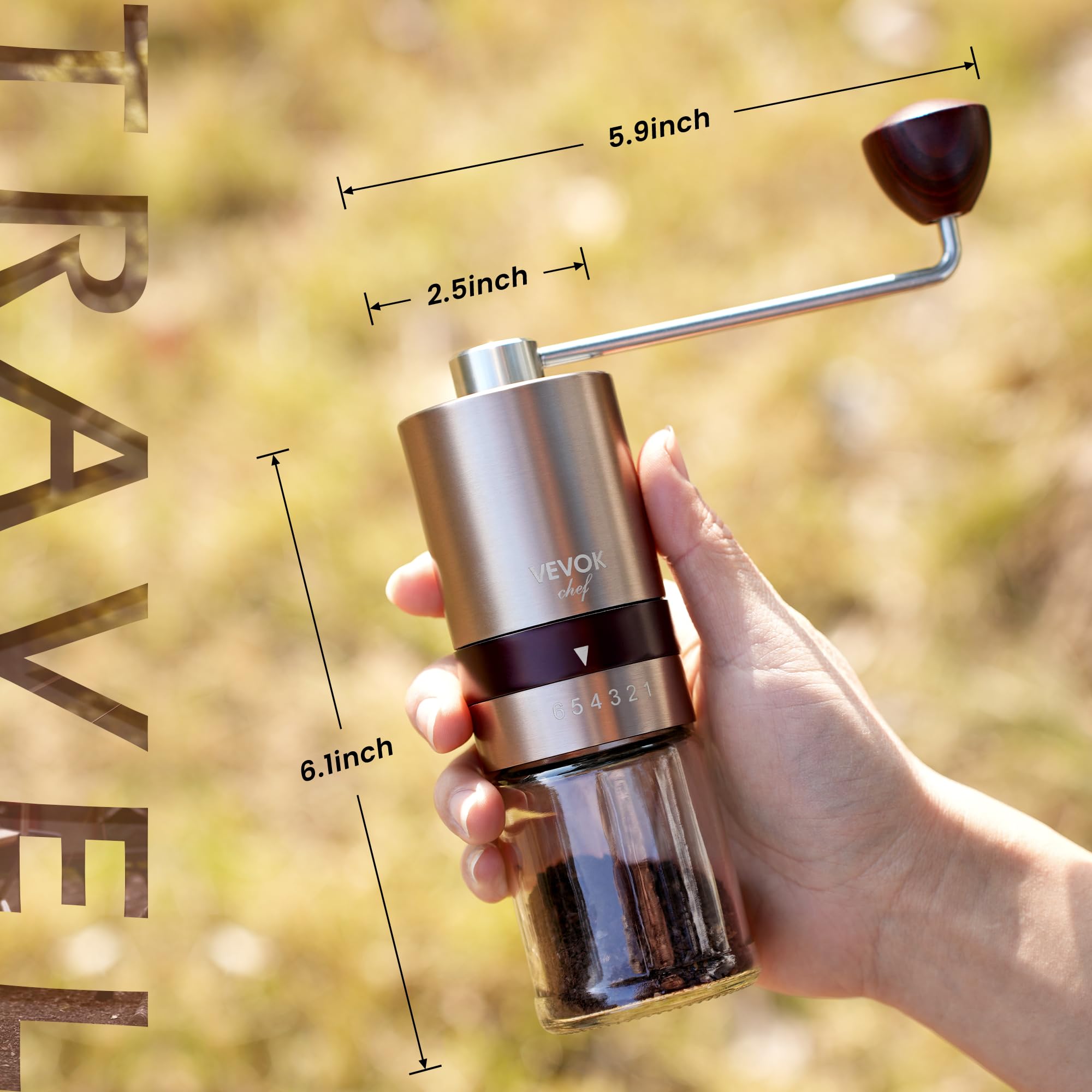 VEVOK CHEF Gold Stainless Steel Manual Coffee Grinder, Model 15986, Adjustable Burr for Espresso and Morning Coffee, Portable and Compact