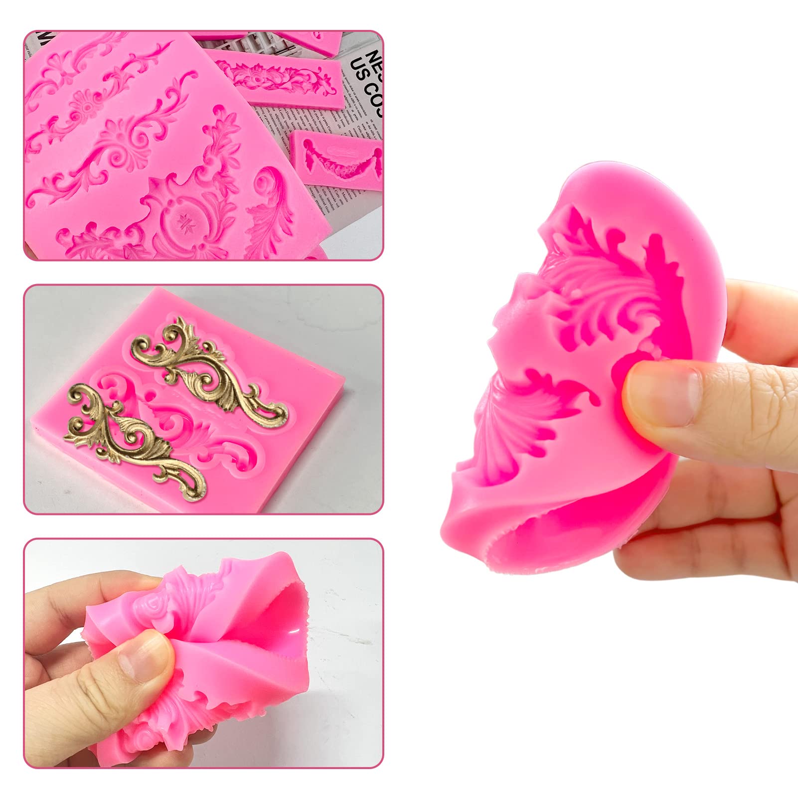 Baroque Style Silicone Molds, Curlicues Scroll Lace Fondant Molds, Vintage Relief Flower Mould Filigree 3D Clay Mold For Gummy S