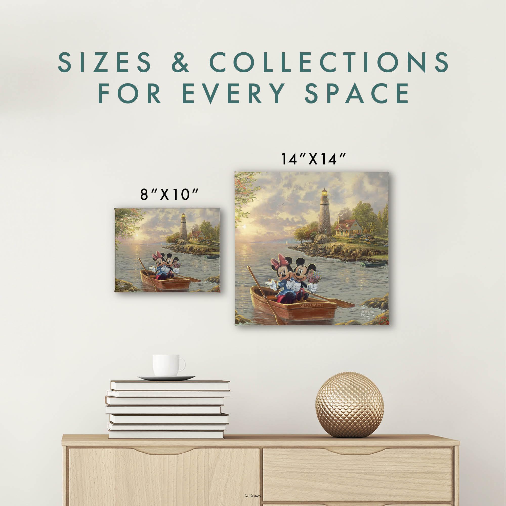Thomas Kinkade Mickey And Minnie Lighthouse Cove 14'' X 14'' Gallery Wrapped Canvas Art | Frameless Room Wall Art | Certificate