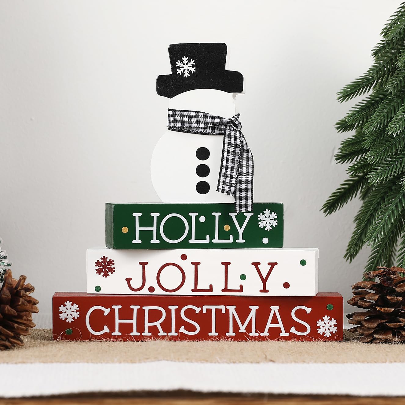 Christmas Decorations-4 PCS Wooden Block Sign-Classic Red White Green Christmas Ornaments for Home Shelf Mantel Fireplace Table 