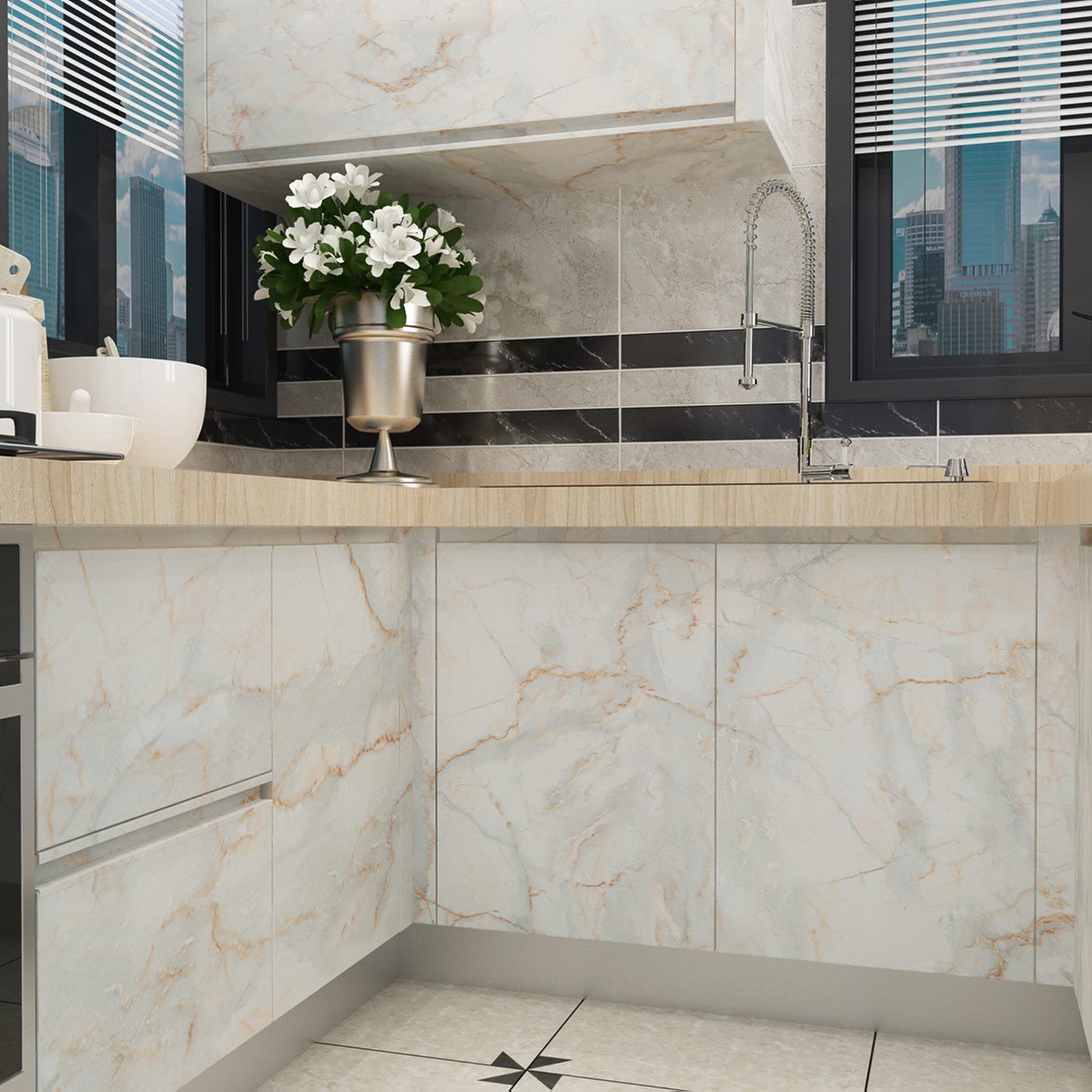 Boobest 31.5''X157'' Blue Gold Marble Contact Paper For Cabinets Removable Wall Paper Sticker Peel And Stick Wallpaper Granite C