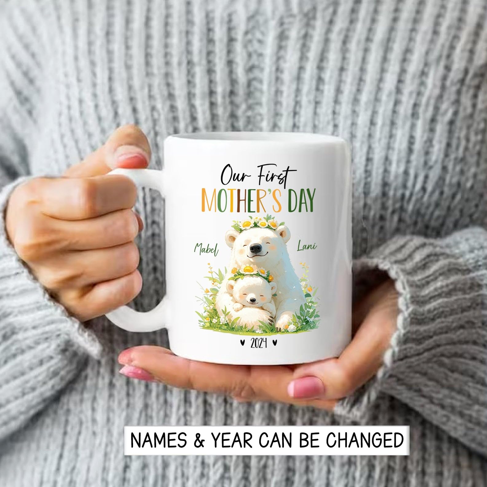 Mother And Baby Polar Bear Ceramic Mug, Our First Mothers Day Mug, Gift For Polar Bear Lovers, Personalized Mommy & Baby Animal