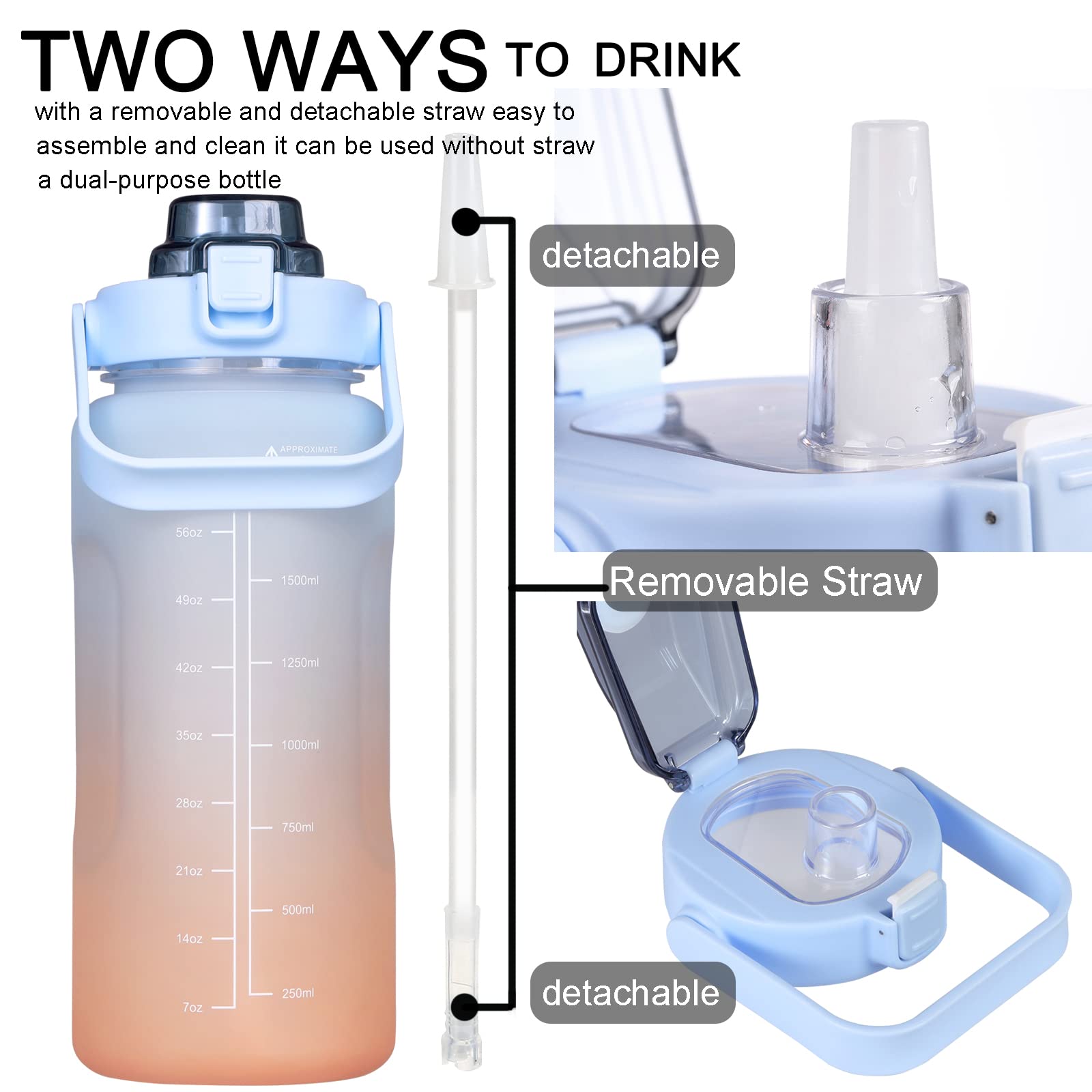 Large Motivational Water Bottle With Straw Time Marker Bpa Free For Sport And Fitness (Blue Orange, 64 Oz / Half Gallon)