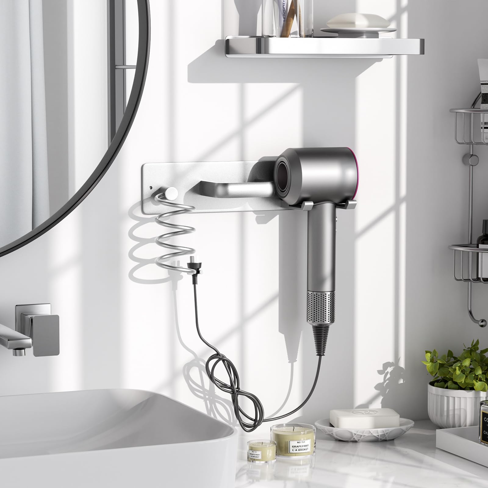 Tindbea Hair Dryer Holder Curling Iron Holder Flat Iron, Blow Dryer Holder Wall Mount, 3 In 1 Bathroom Hair Tool Organizer Rack