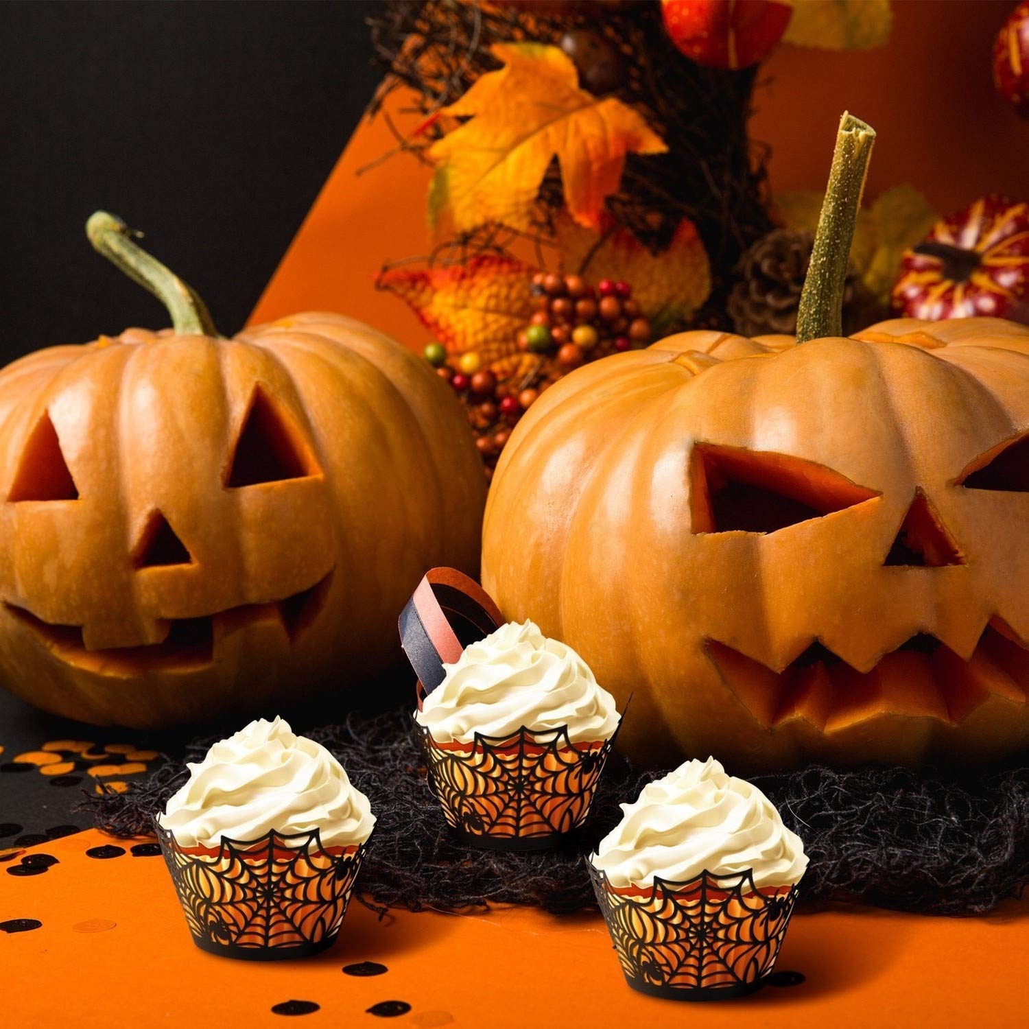 Halloween Cupcake Wrappers 50 Pack, Gawertoy Spiderweb Cupcake Wrappers Laser Cut Spider Web Cupcake Liners Paper Cupcake Wraps