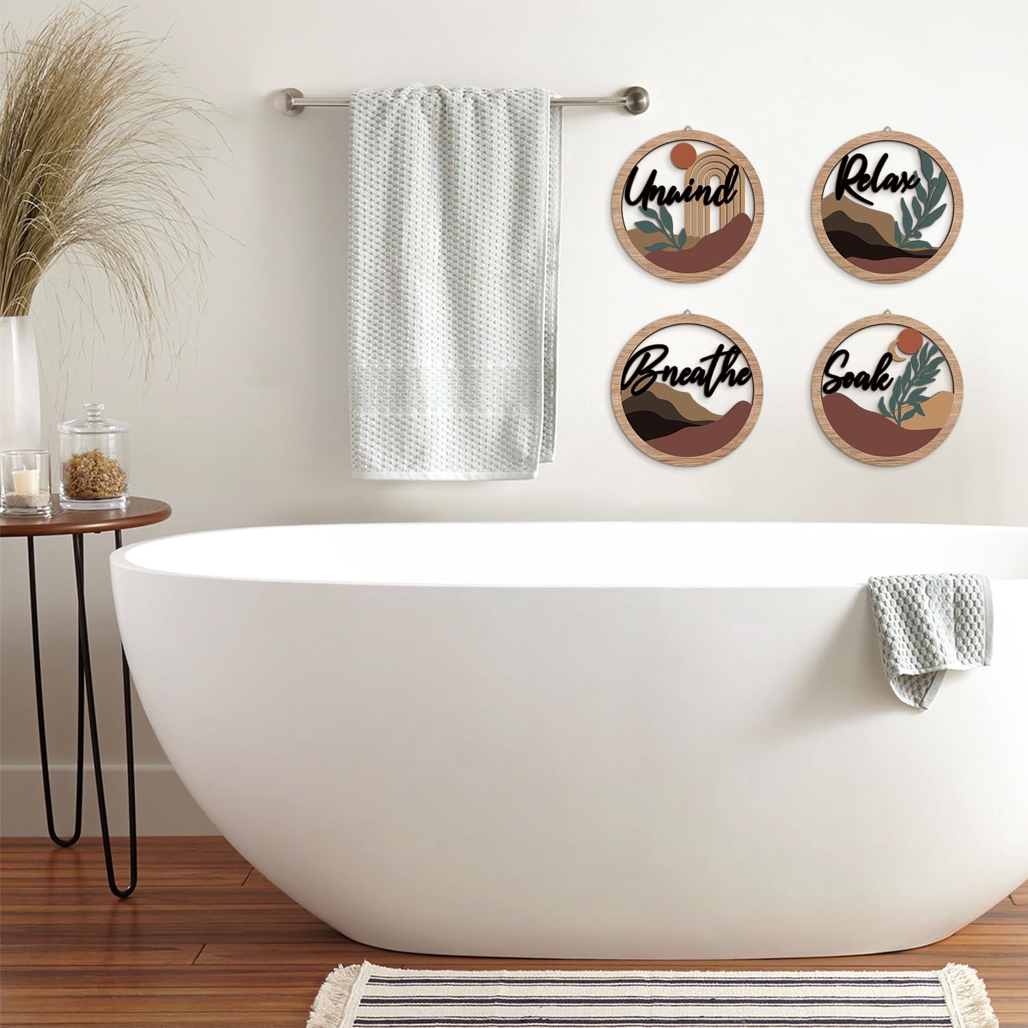 HPNIUB 4 Pcs Boho Bathroom Wall Decor with Relax Soak Unwind Breathe Relaxing Quotes Bohemian Wooden Hanging Wood Sign, Farmhous