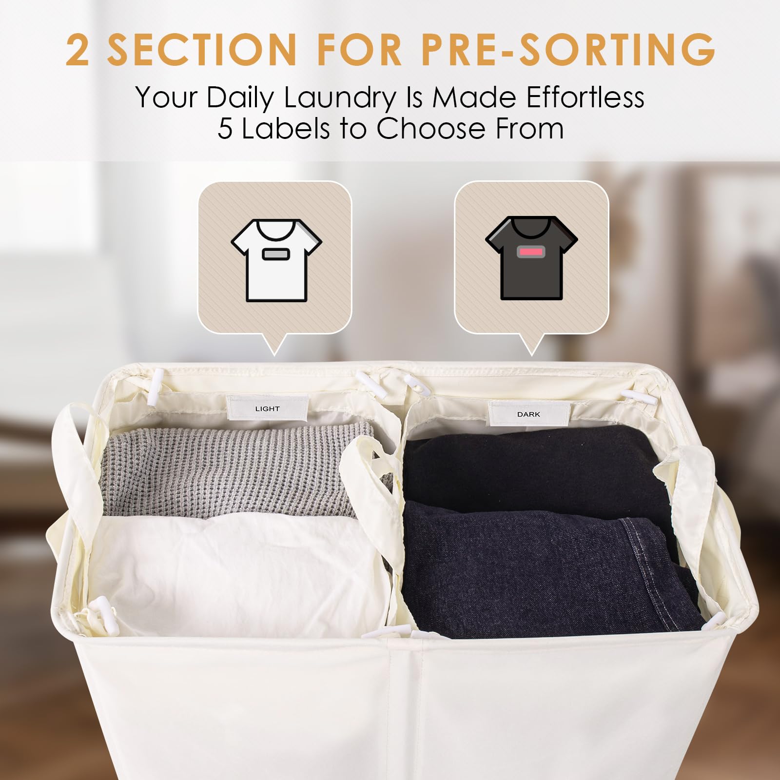 Double Laundry Hamper With Lid, 135L Clothes Hampers For Laundry With Removable Bags & Labels, Laundry Hamper 2 Section For Sepa