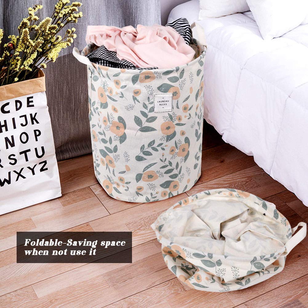 Uujoly Collapsible Laundry Hamper Basket, With Handles Waterproof Round Cotton Linen Printing Household Organizer Basket, 19.7X1