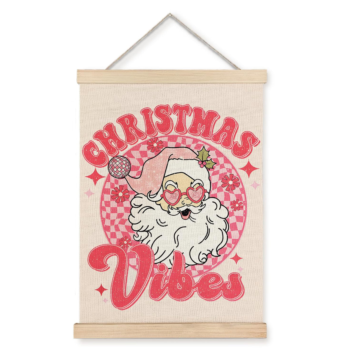 Pink Christmas Wall Decor, Funky Retro Christmas Santa Claus Pink Checkered Wall Art With Wooden Poster Hanger, Christmas Wall D