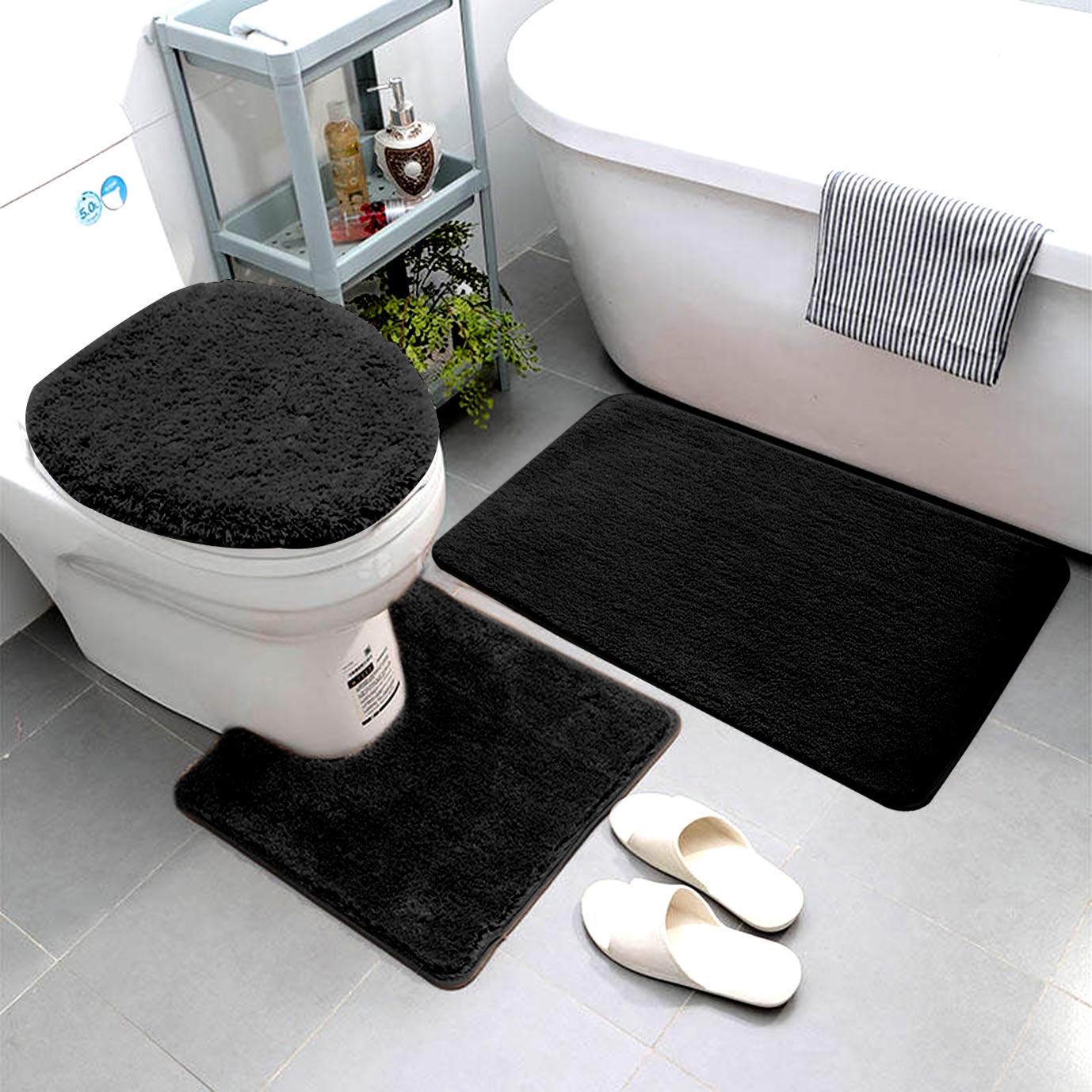 Smart Linen 3 Piece Bathroom Rug Set Includes Bath Rug, Contour Mat and Toilet Lid Cover, Machine Washable, Super Soft Microfibe