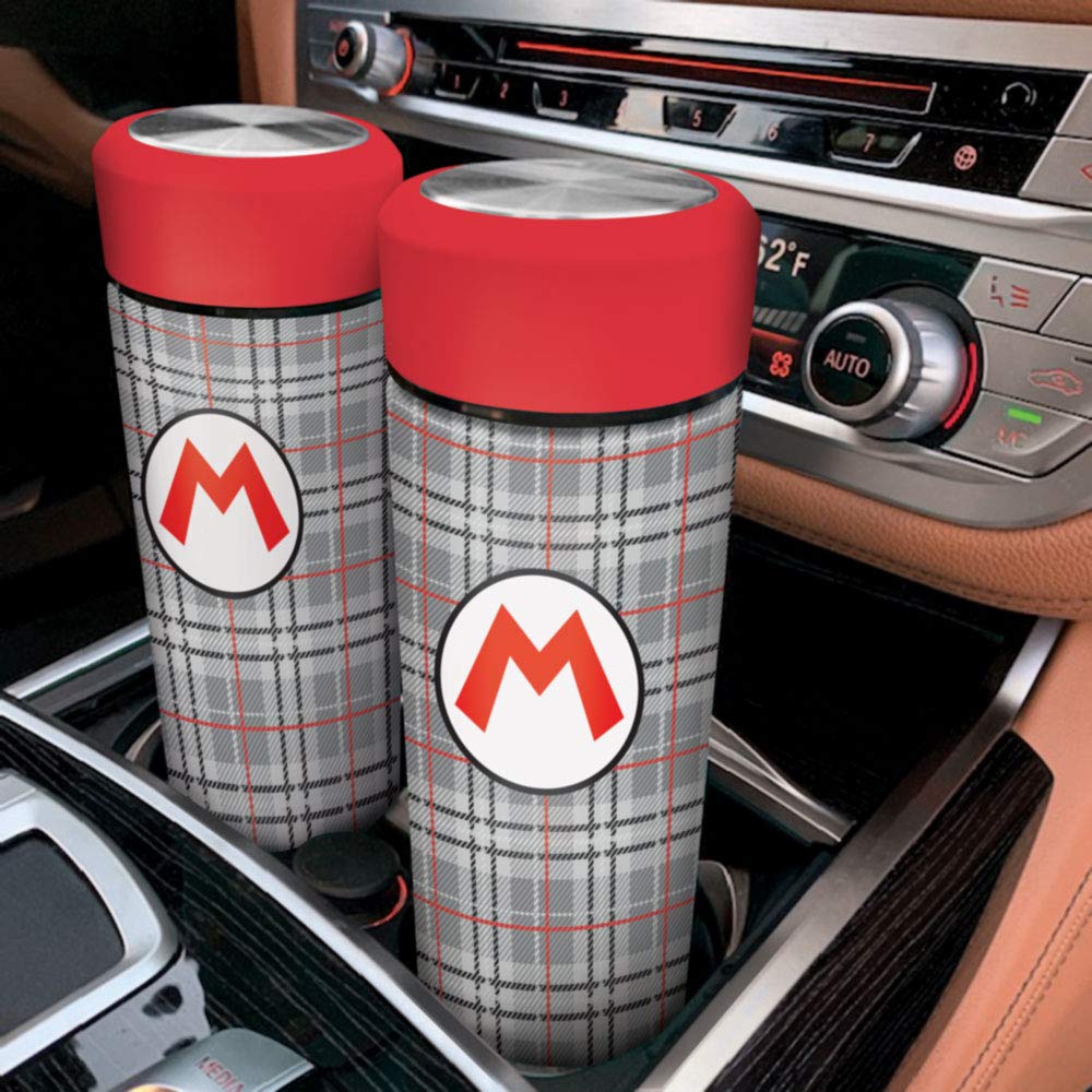 Super Mario, Mario Plaid, Vacuum Insulated Stainless Steel Sport Water Bottle, Leak Proof, Wide Mouth, 17 Oz, 500 Ml