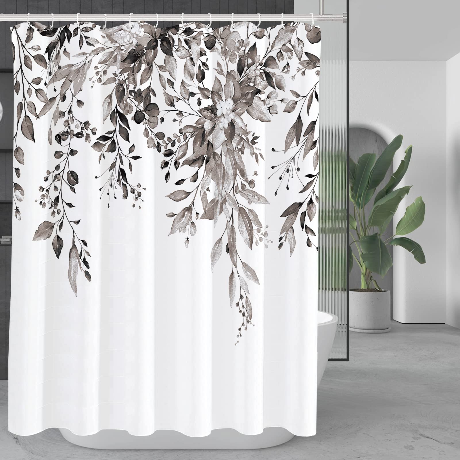 Tititex Black Eucalyptus Shower Curtain, Watercolor Brown Grey Leaves On The Top Plant With Floral Bathroom Decoration Shower Cu