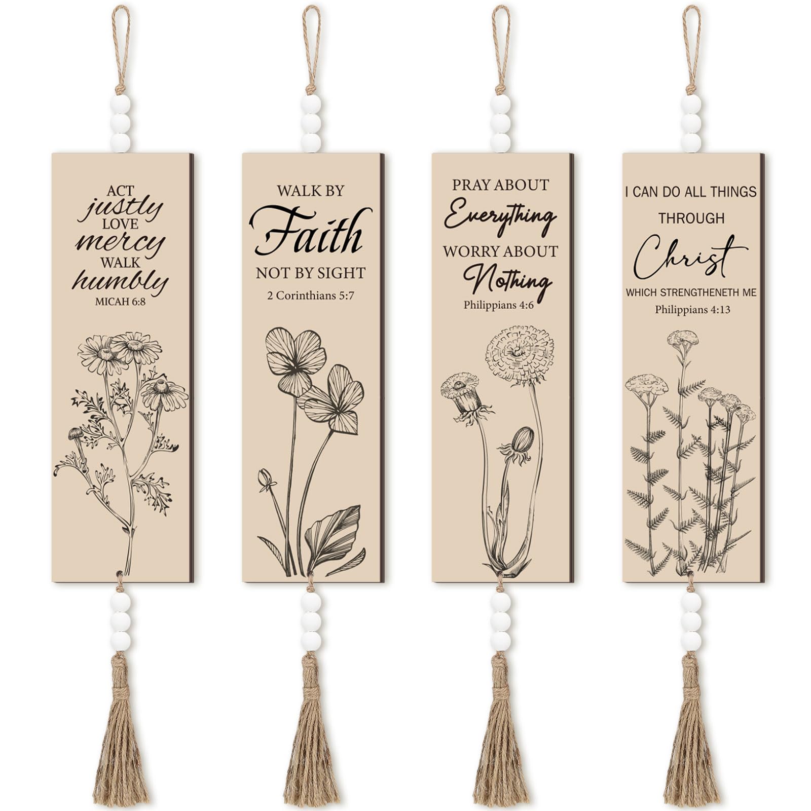 4 Pieces Bible Verses Wall Art Wooden Christian Boho Wall Decor with Beads Hanging Sign Inspirational Prayer Plaque Motivational