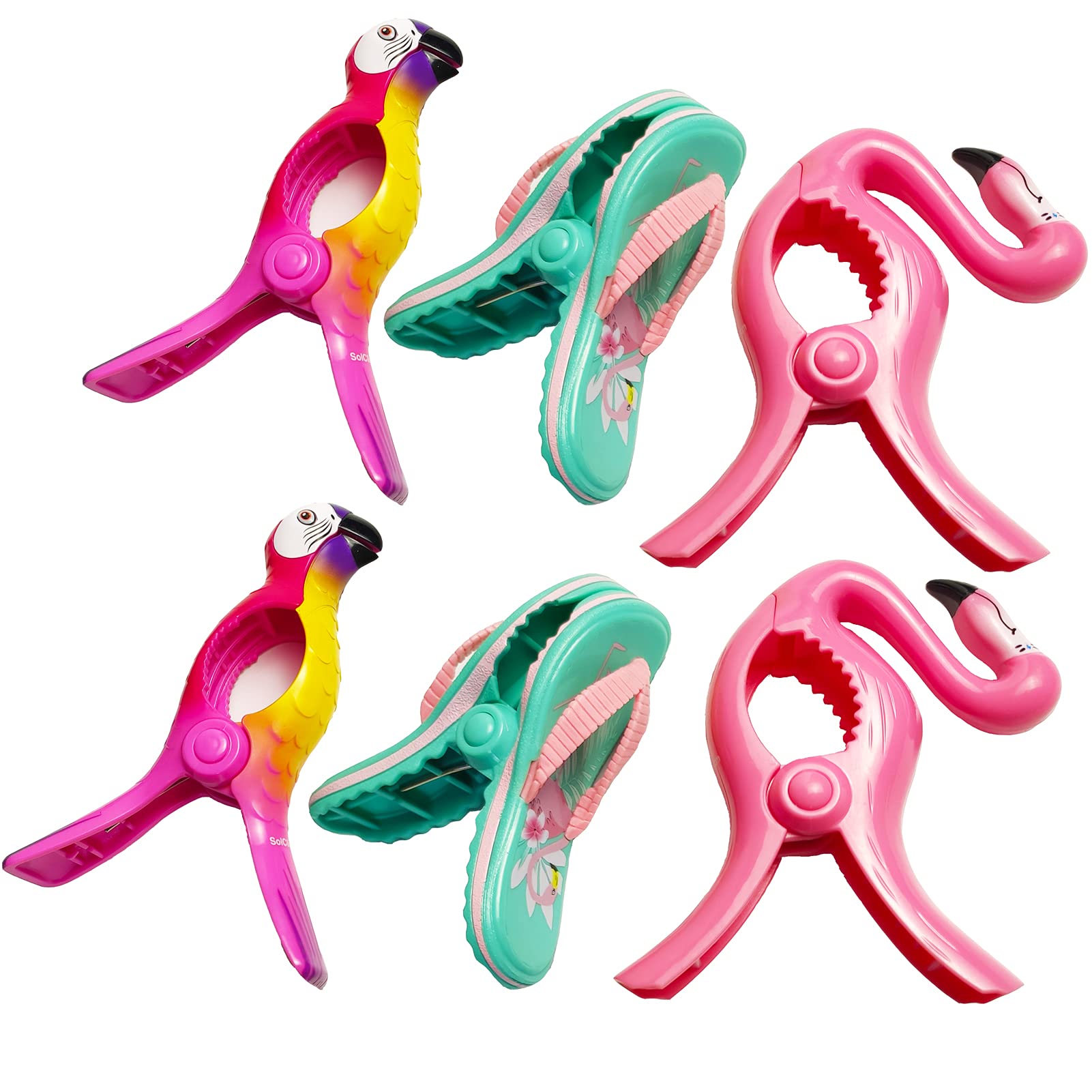 6 Pieces Beach Towel Clips, Flip Flop Towel Holders, Flamingo Chair Clips, Parrot Clips, Clothes Pins In Prefect Size For Pool L