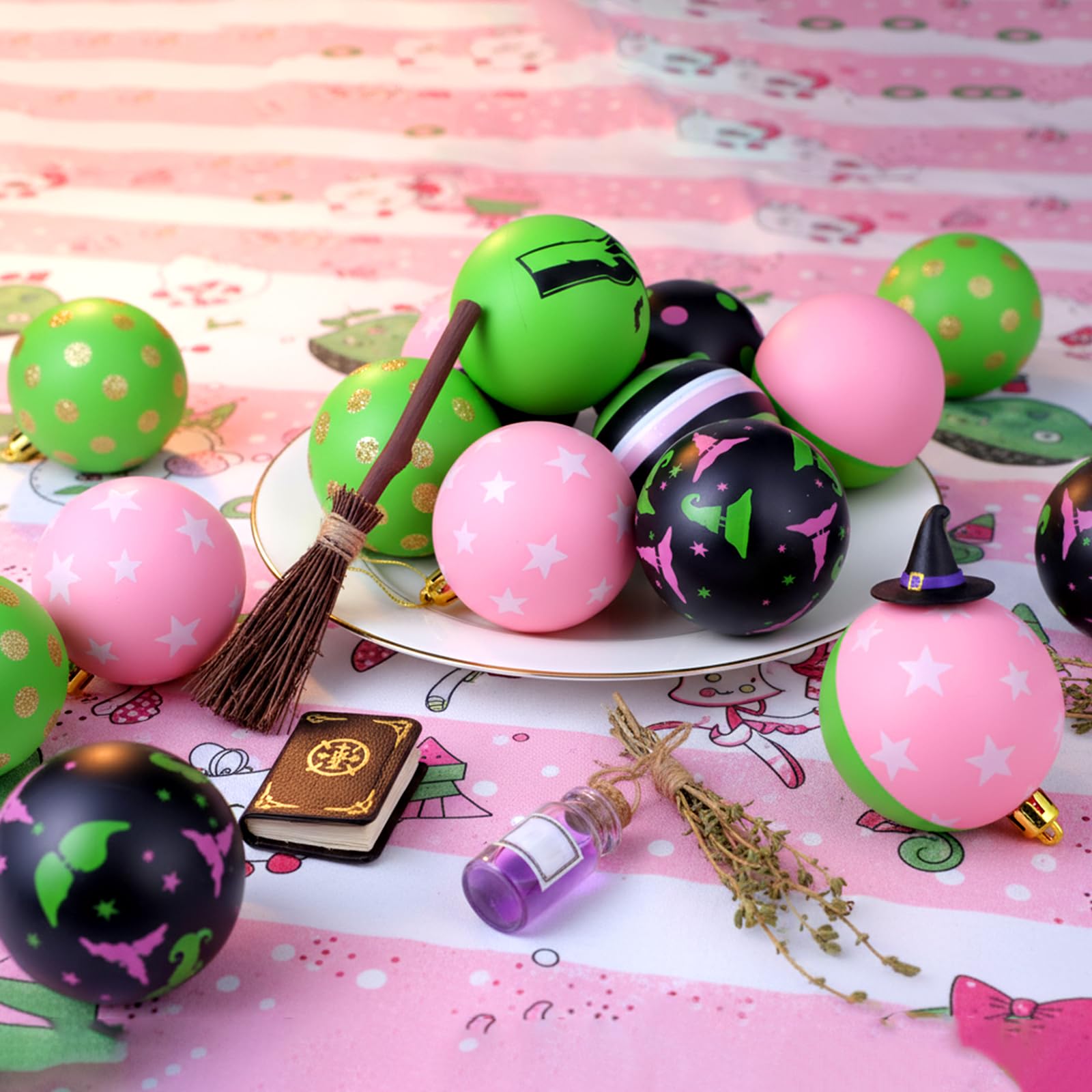 Janinka 24 Pcs Christmas Tree Ball Ornaments 2.4 Inch Witch Pink and Green Plastic Hanging Ornaments Pendants Baubles for Xmas T
