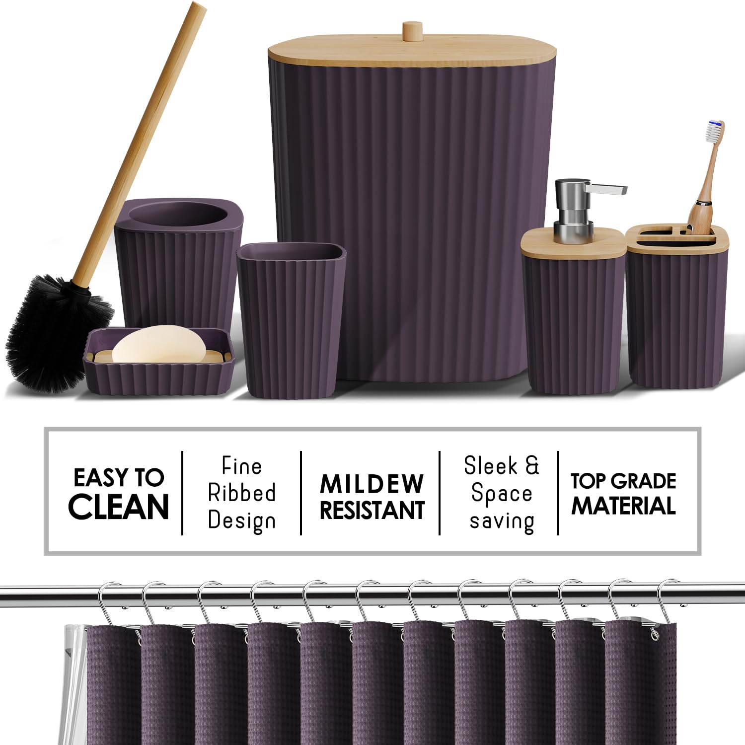 Clara Clark Bathroom Accessories Set - Purple Bathroom Set, Bathroom Sets With Shower Curtain And Rugs, 22Pc Shower Curtain Set