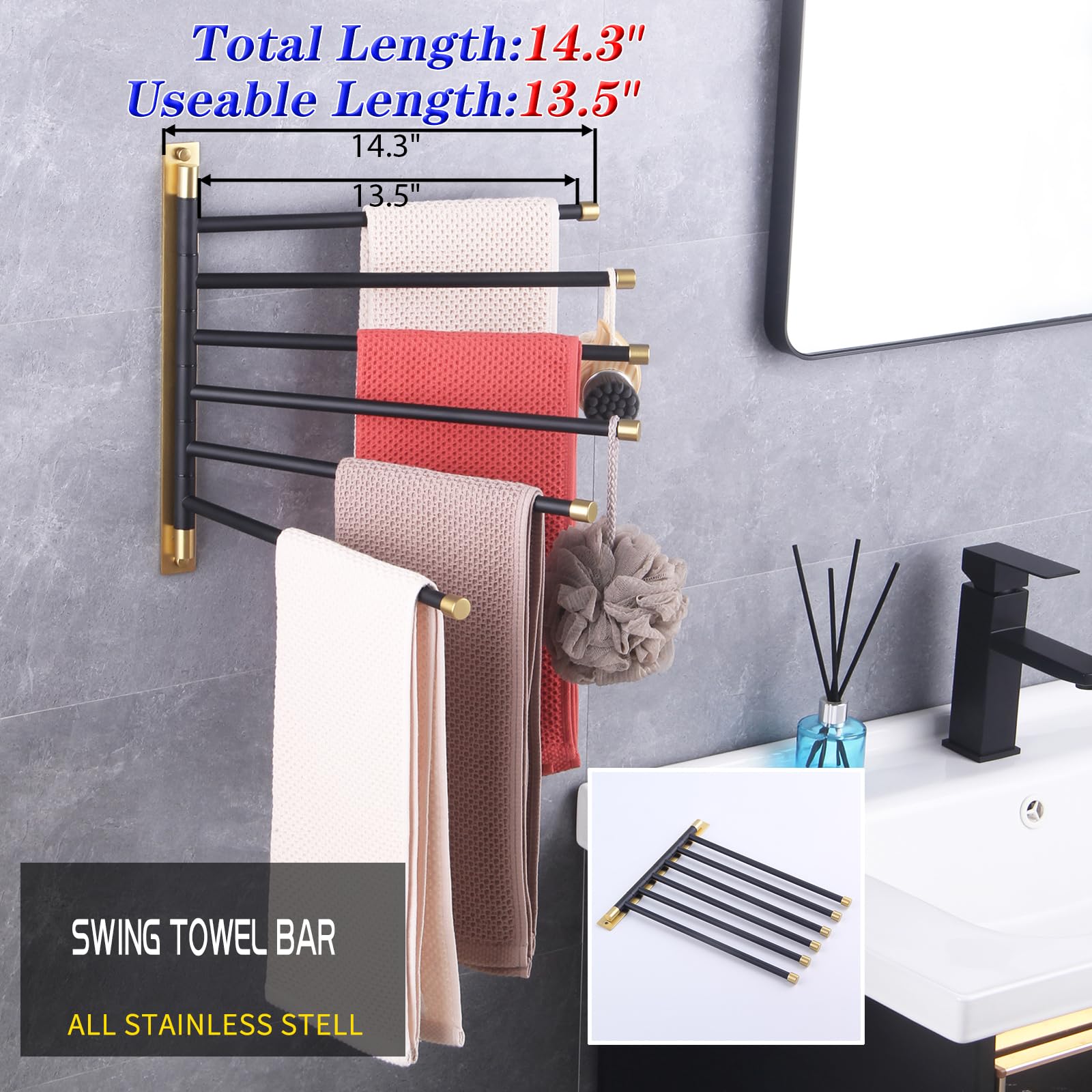 Gerzwy Bathroom Swing Arm Towel Bars Wall Mount Bath Towel Rack With 6 Arms Hanger Towel Holder Organizer Stainless Steel (Black