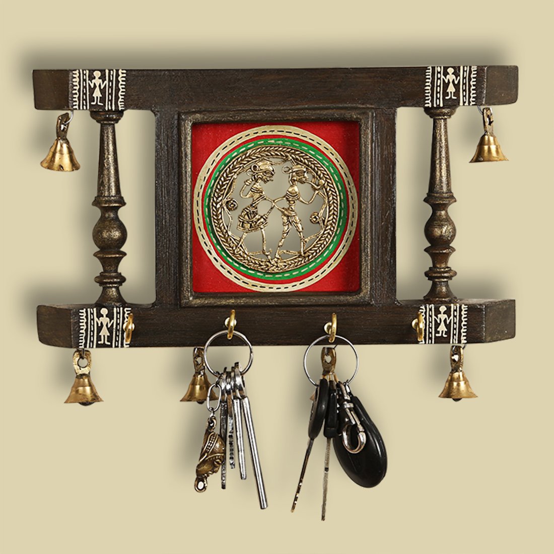Exclusivelane Brass People On Teak Wood Warli Handpainted Wooden Key Holder For Home DCor Stylish (4 Hooks, Dhokra Art)| Key H