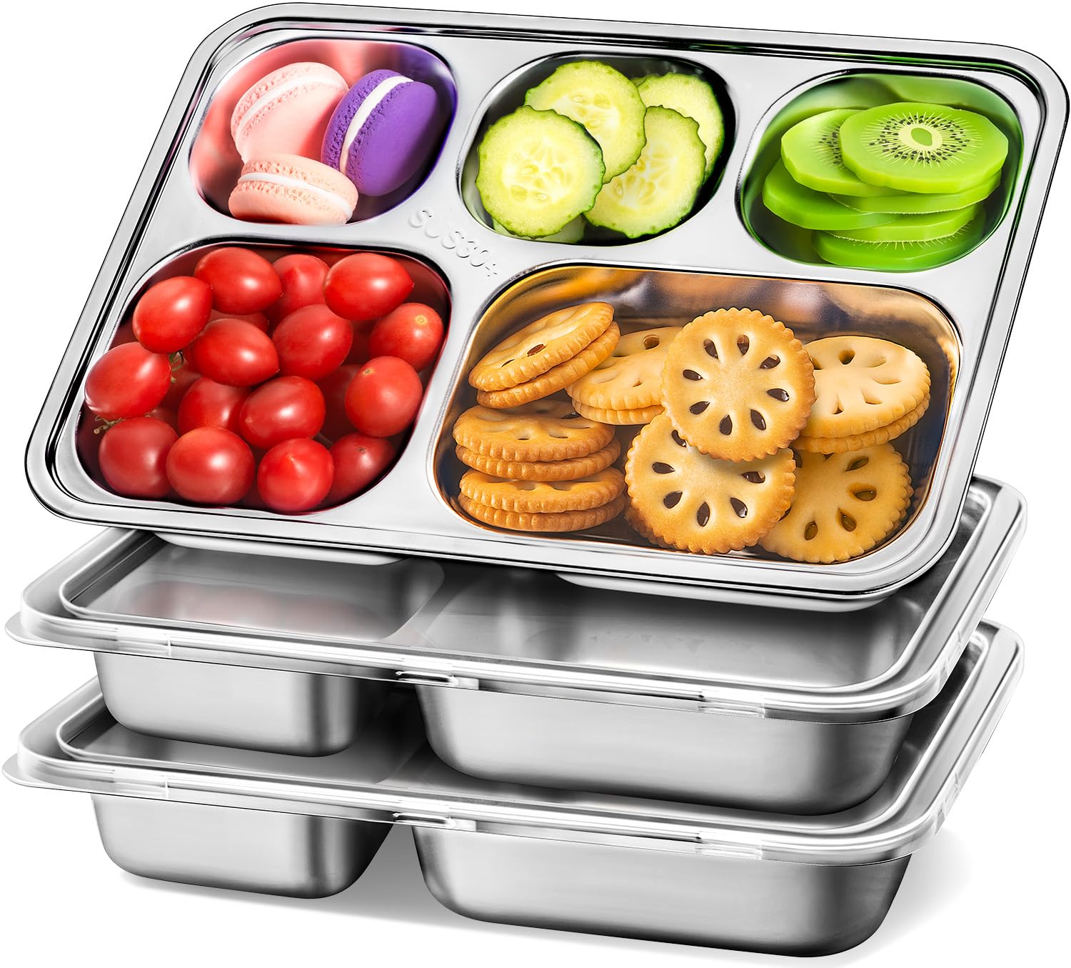 3Pack Stainless Steel Snack Containers & Meal Plates, 5 Compartments