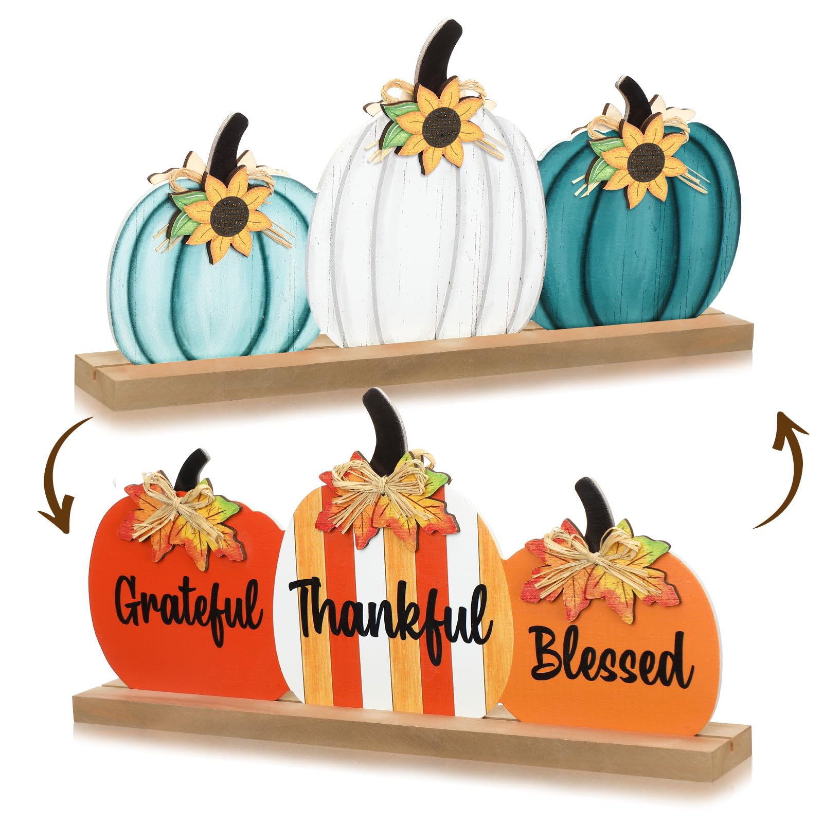 Purpeak Reversible Fall Thanksgiving Pumpkin Wooden Table Sign Double Sided Blessed Grateful Thankful Tabletop Decor Farmhouse V