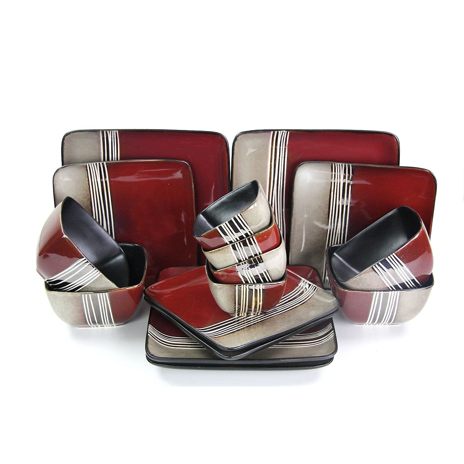 Elama Square Stoneware Loft Collection Dinnerware Dish Set, 16 Piece, Red and Tan with White Accents