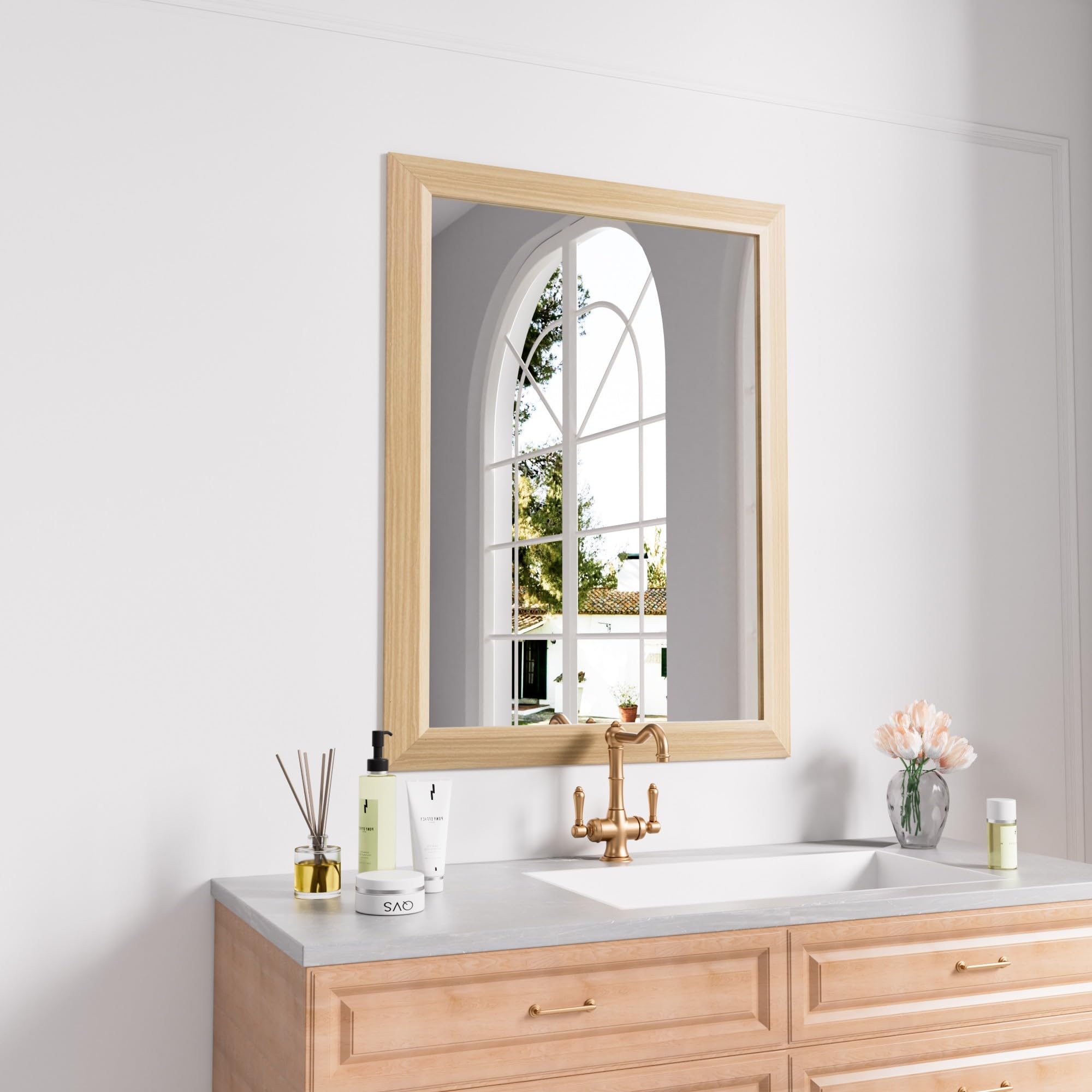 Amorho 24x32 Inch Bathroom Mirror for Wall, Oak Wood Grain Metal Framed Mirror, Anti-Rust, Hang Horizontally/Vertically, Suitabl