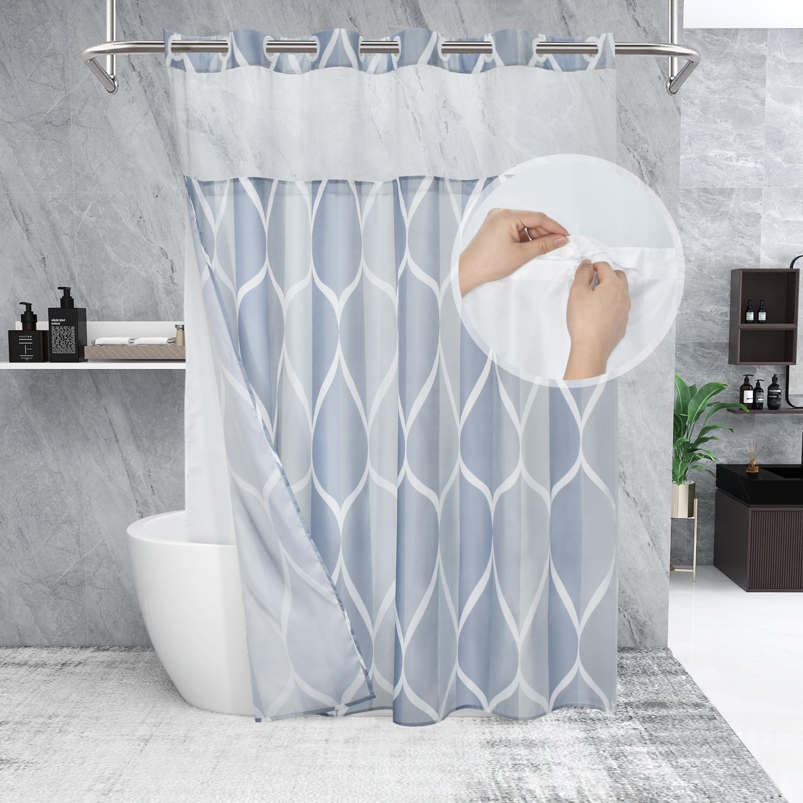 Yiatn Light Blue Hook Free Shower Curtain With Snap In Liner - Hotel Style With See Through Mesh Top Window, Modern Geometric Wa