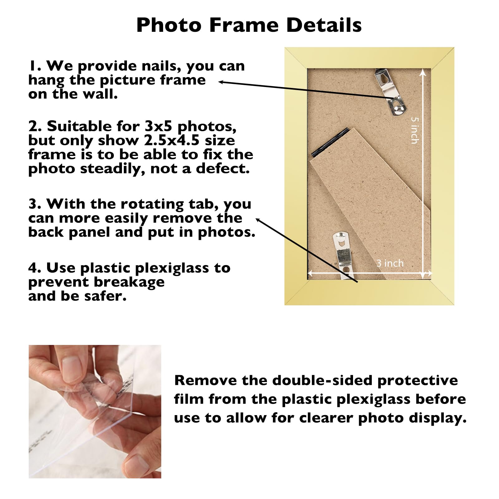 JCJMY 3x5 Picture Frame Gold for Tabletop, 3 x 5 Photo Frame with Shatter Resistant Plexiglass, Sturdy 3 by 5 Poster Frame, Gold
