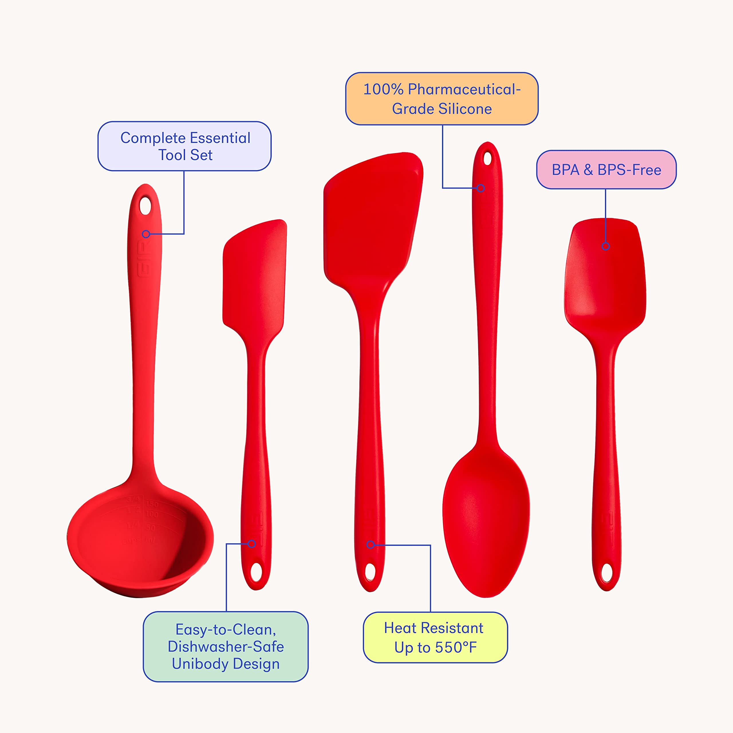 Gir: Get It Right - 5 Piece Silicone Utensil Set - Ladle, Spatula, Flip, Spoon & Spoonula - Non-Stick - Heat Resistant - Dishwas