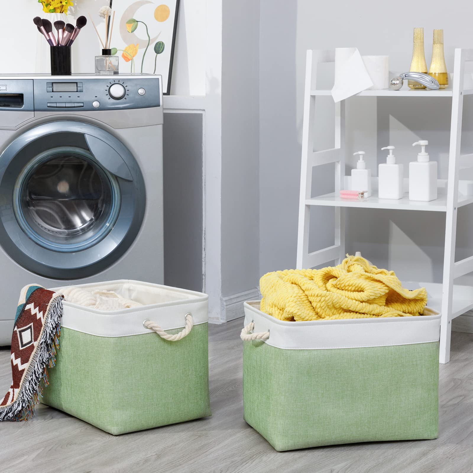 Bidtakay Baskets Fabric Closet Organizer Set Of 2 Green Collapsible Storage Bins With Handles 16X12X12 In Large Decorative Tall