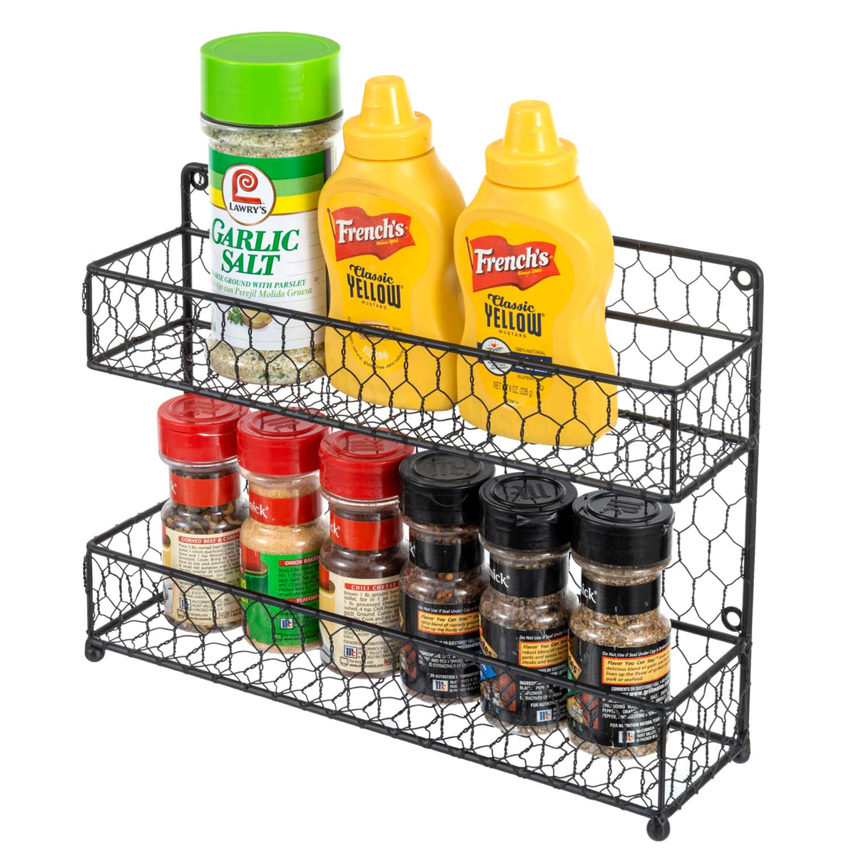 MyGift Farmhouse Style Metal Wire Spice Rack - Wall Mount or Kitchen Countertop 2-Tier Seasoning Jar Storage Organizer, Black