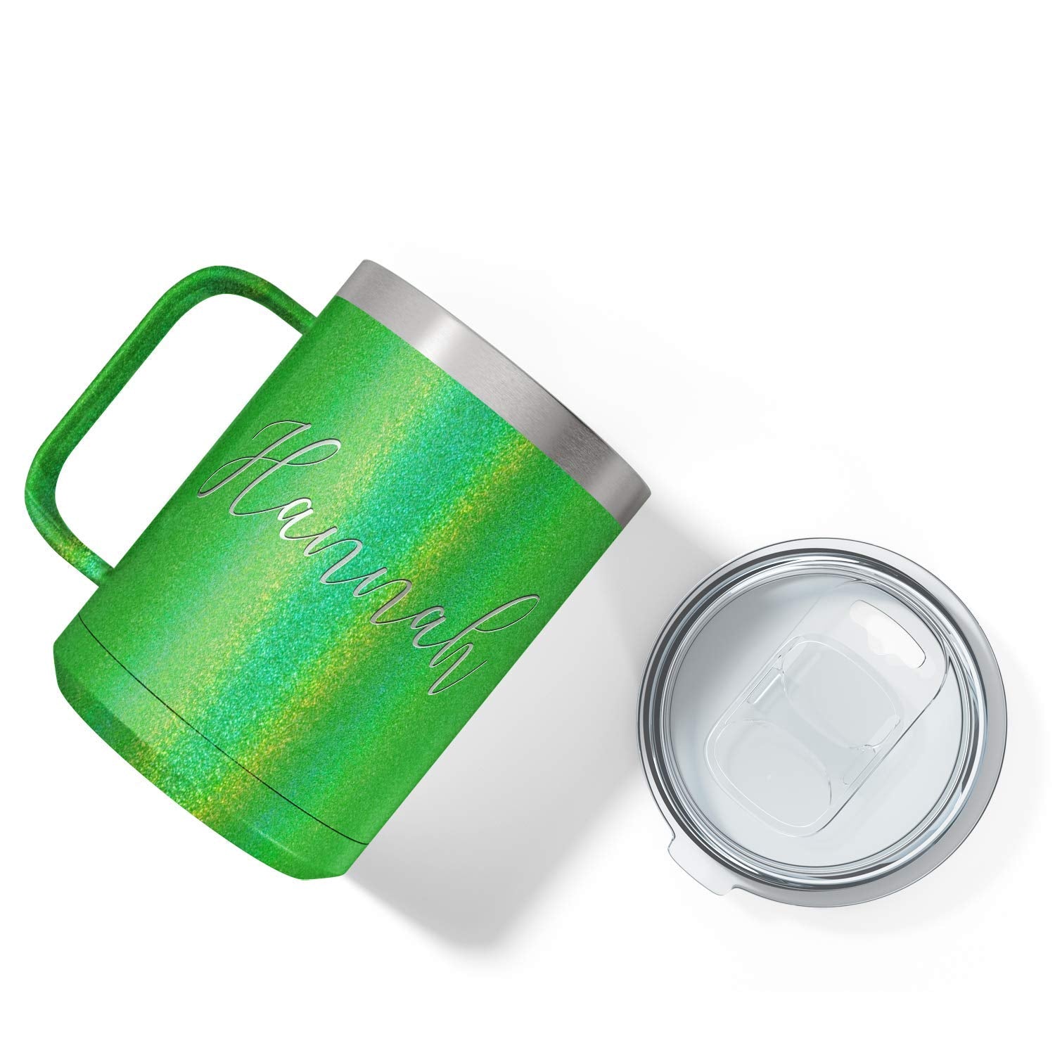 Personalized Coffee Mug Emerald Green Glitter 15 Oz With Lid And Handle Custom Engraved Gift Stainless Steel Vacuum Insulated Cu