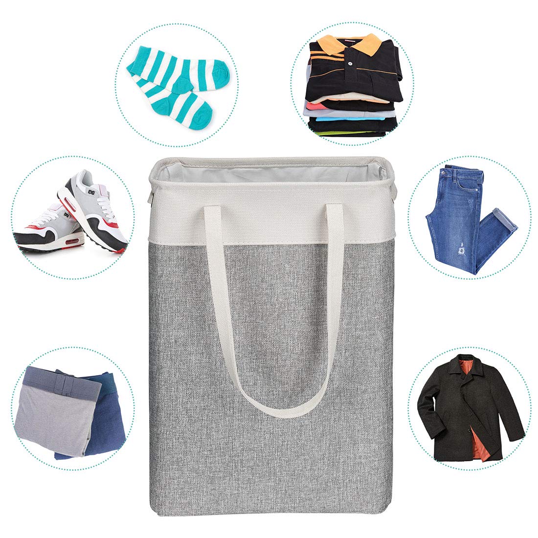 i BKGOO Laundry Basket with Handles Beige&Grey-Slim Laundry Bin Collapsible Dirty Clothes Basket Narrow Laundry Bag Foldable Dirty Hamper for Camping  Dorms  Apartments