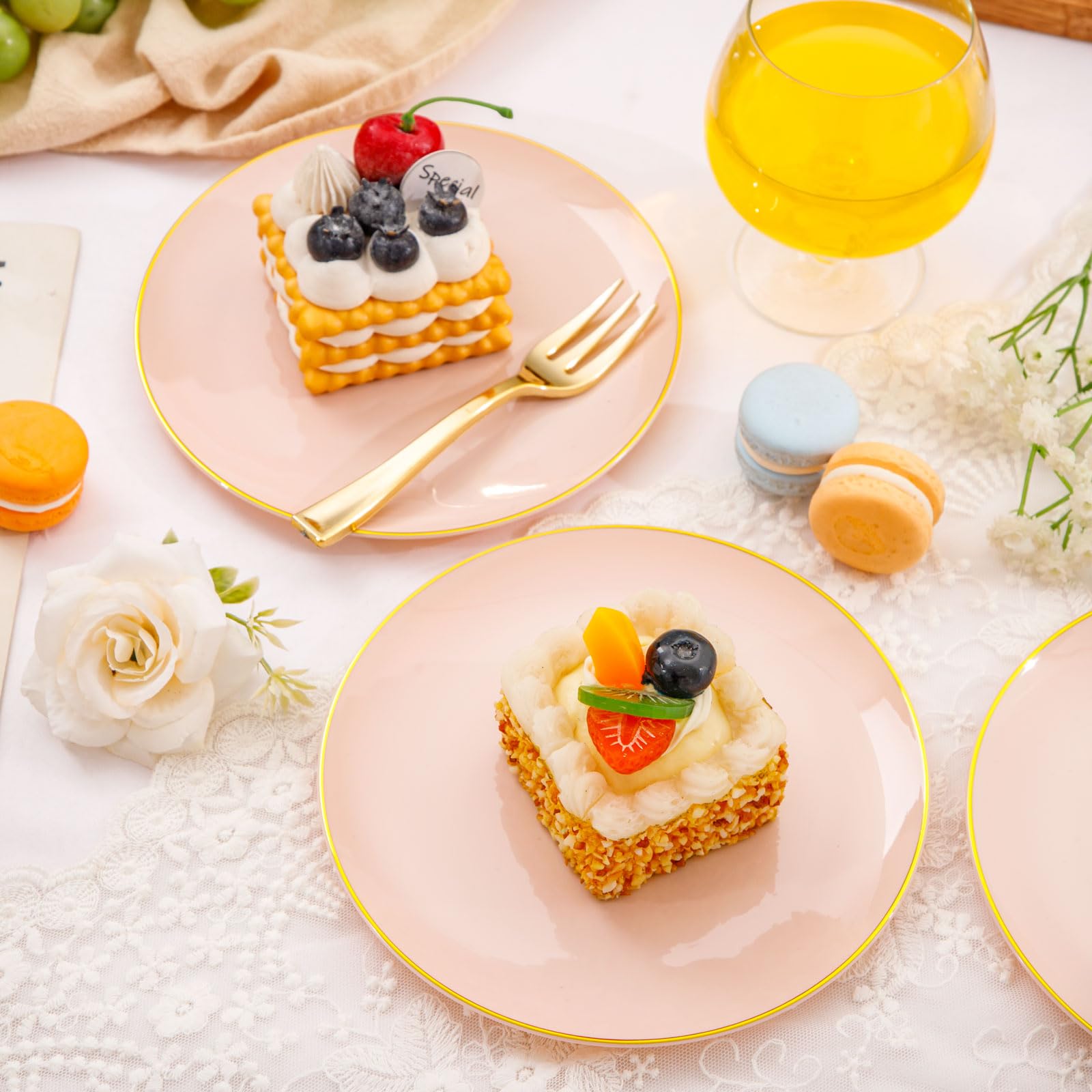 Festiva 200Pcs Pink Gold Cake Plates 6.3'' With Forks 5''- Disposable Salad Plates-Pink Dessert Plates-Appetizer Plastic Plates