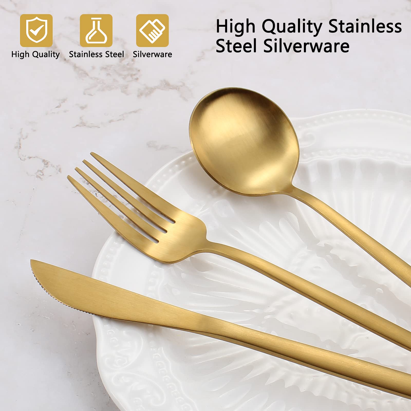 Matte Gold Silverware Set, Vanvro 40-Piece Stainless Steel Flatware Set, Satin Finish Tableware Cutlery Set, Service For 8, Home