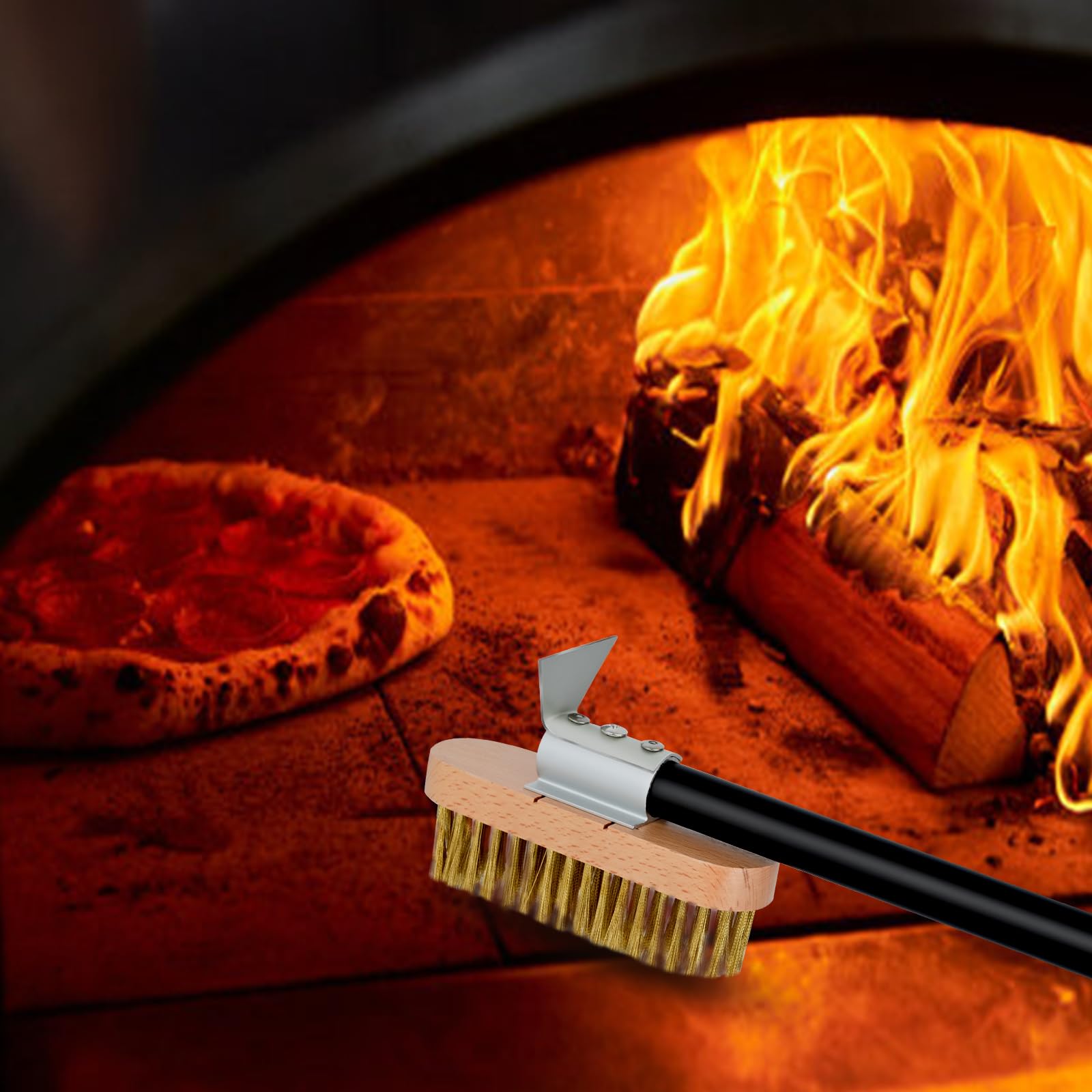 Nutuni 4 Piece Pizza Oven Kit Pizza Turning Peel 9 Inch, Perforated Pizza Peel, Pizza Oven Brush, Ash Rake, Wood Burning Commerc