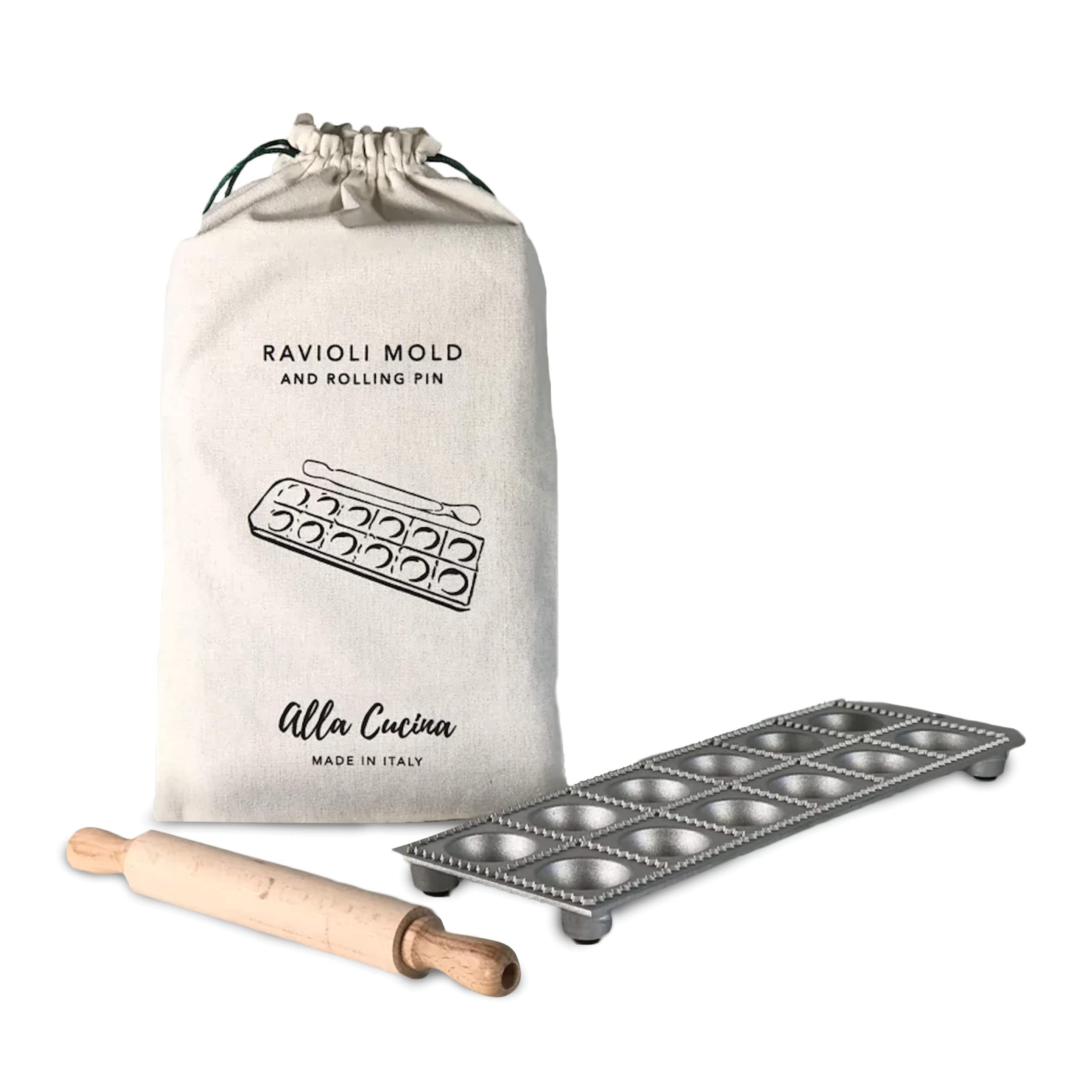 Ravioli Mold, 12 Piece Round Ravioli Mold With Rolling Pin Packed In Drawstring Gift Bag By Verve Culture