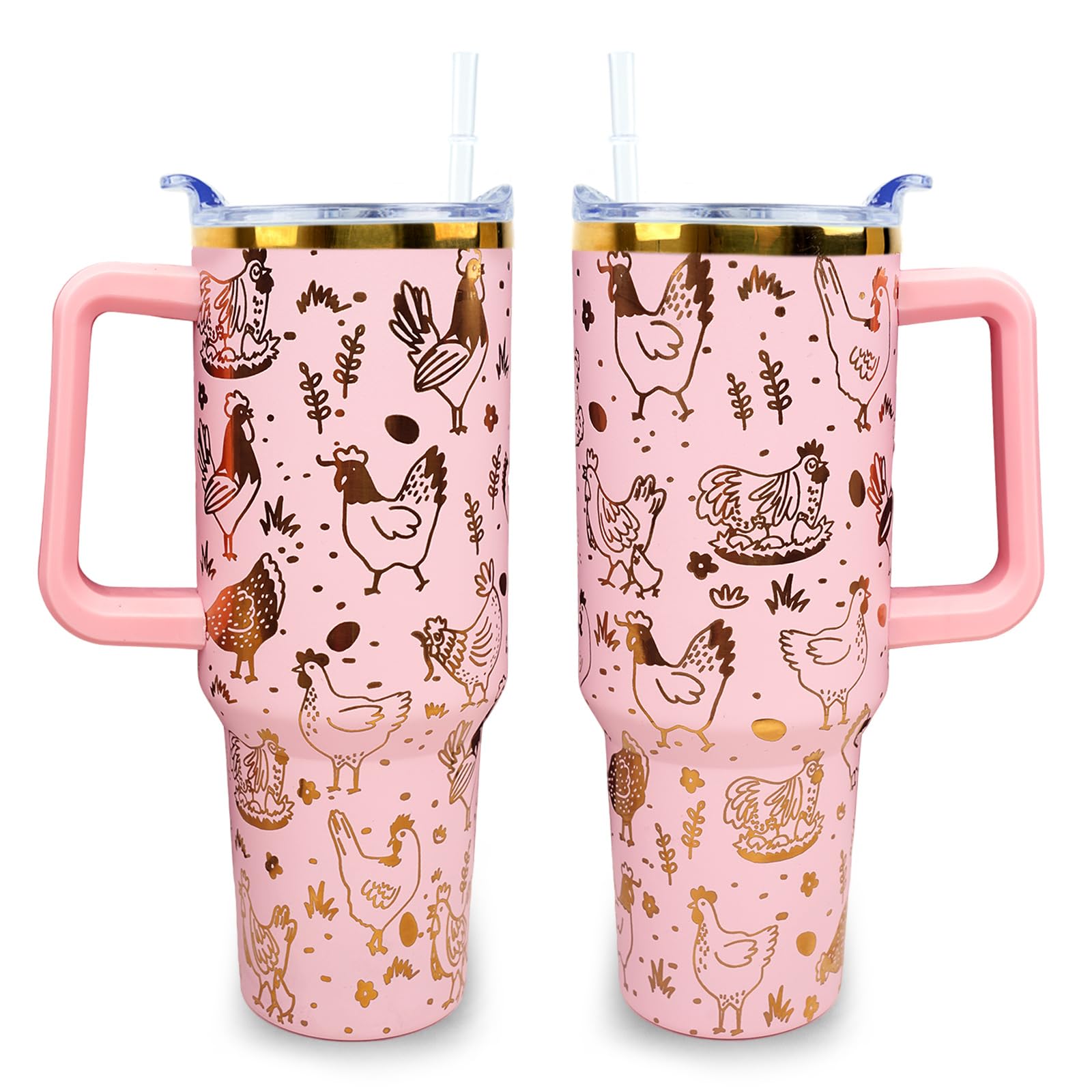 40 oz Tumbler with Handle and Straw Lid Leak Proof - Laser Engraved Chicken and Rooster Design Coffee Travel Mug with Handle Ins