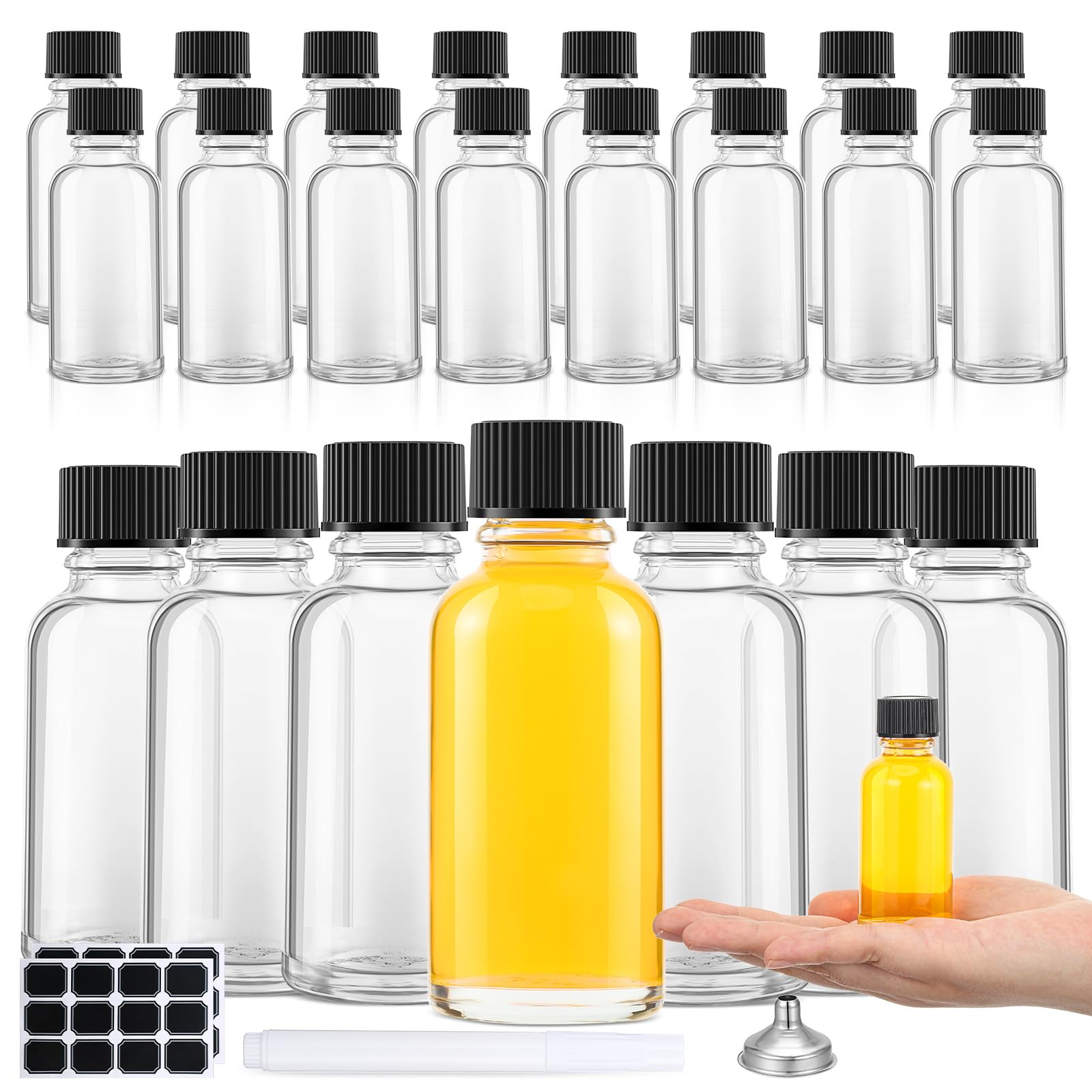 Hsei 24 Pcs 1 Oz Glass Bottle With Black Cap Clear Sample Boston Round Bottle Small Glass Containers With Lids 1 Oz Bottles With