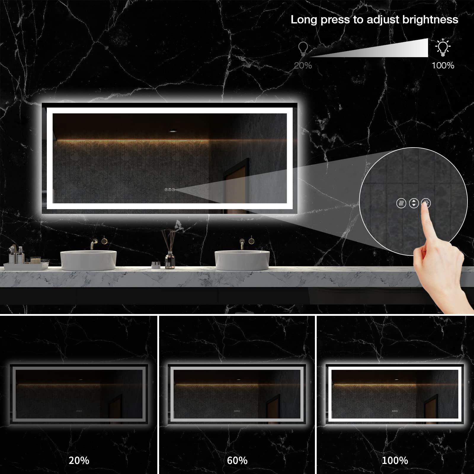 LOAAO 60X28 LED Bathroom Mirror with Lights  Anti-Fog  Dimmable  Backlit + Front Lit  Lighted Bathroom Vanity Mirror for Wall  Memory Function  Tempered Glass  ETL Listed