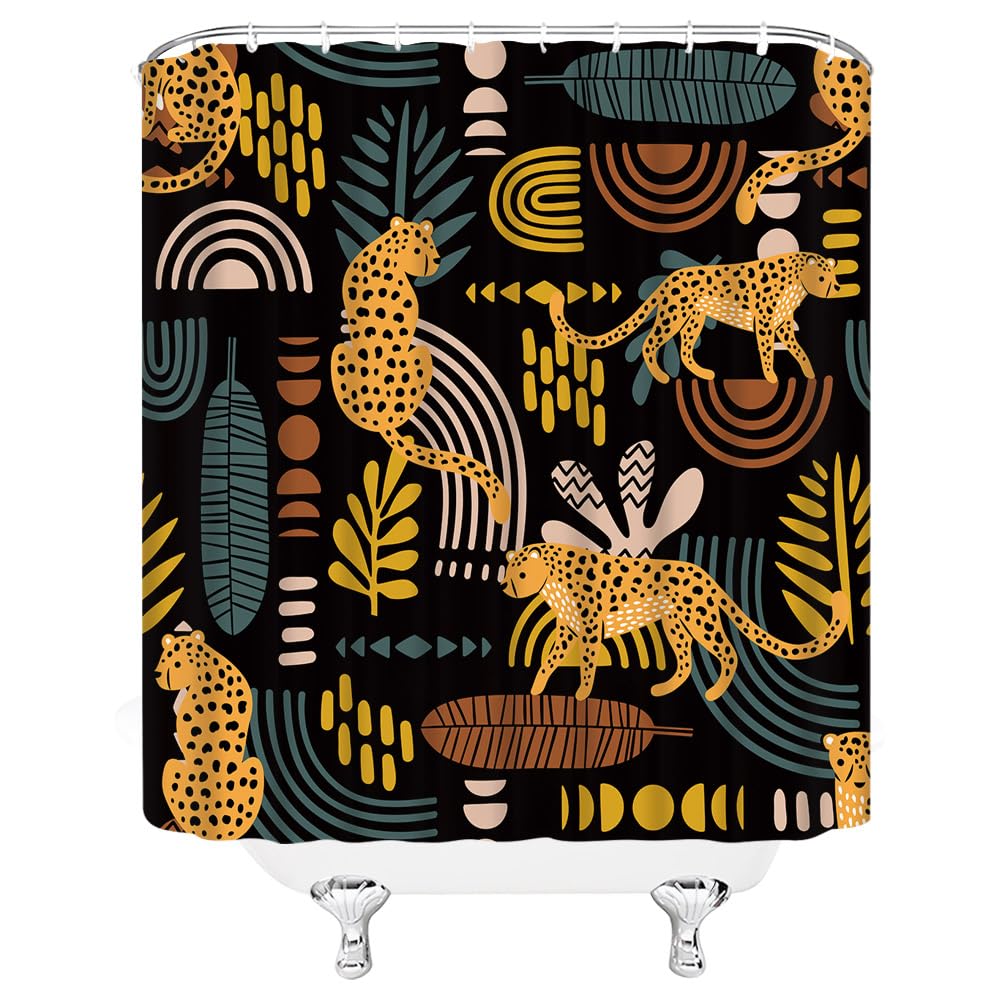 Ccxtcz Leopard Palm Leaves Shower Curtain Boho Cheetah Tropical Wildlife African Animal Abstract Geometric Minimalist Neutral Mo