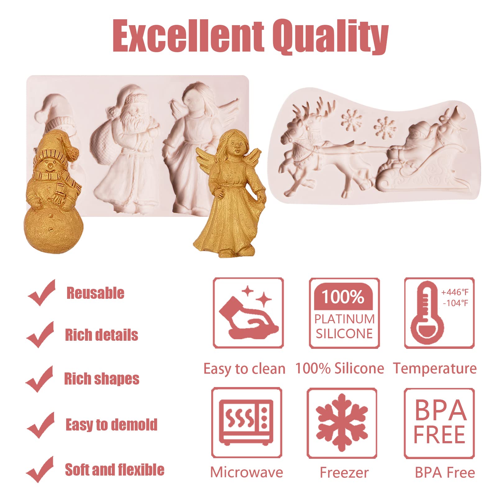 Christmas Fondant Molds 2 Pcs, Santa Claus Snowan Our Lady Feather Silicone Chocolate Mold For Reindeer Snowflake Deer Moluld Ca